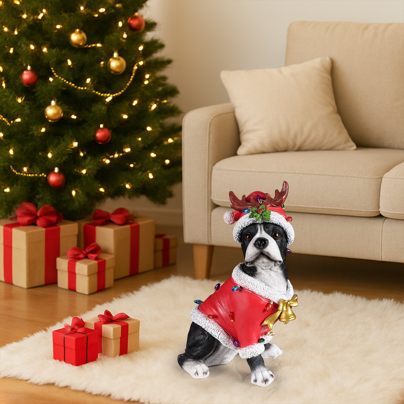 Christmas Boston Terrier Statue, Holiday Dog Figurine in Santa Outfit
