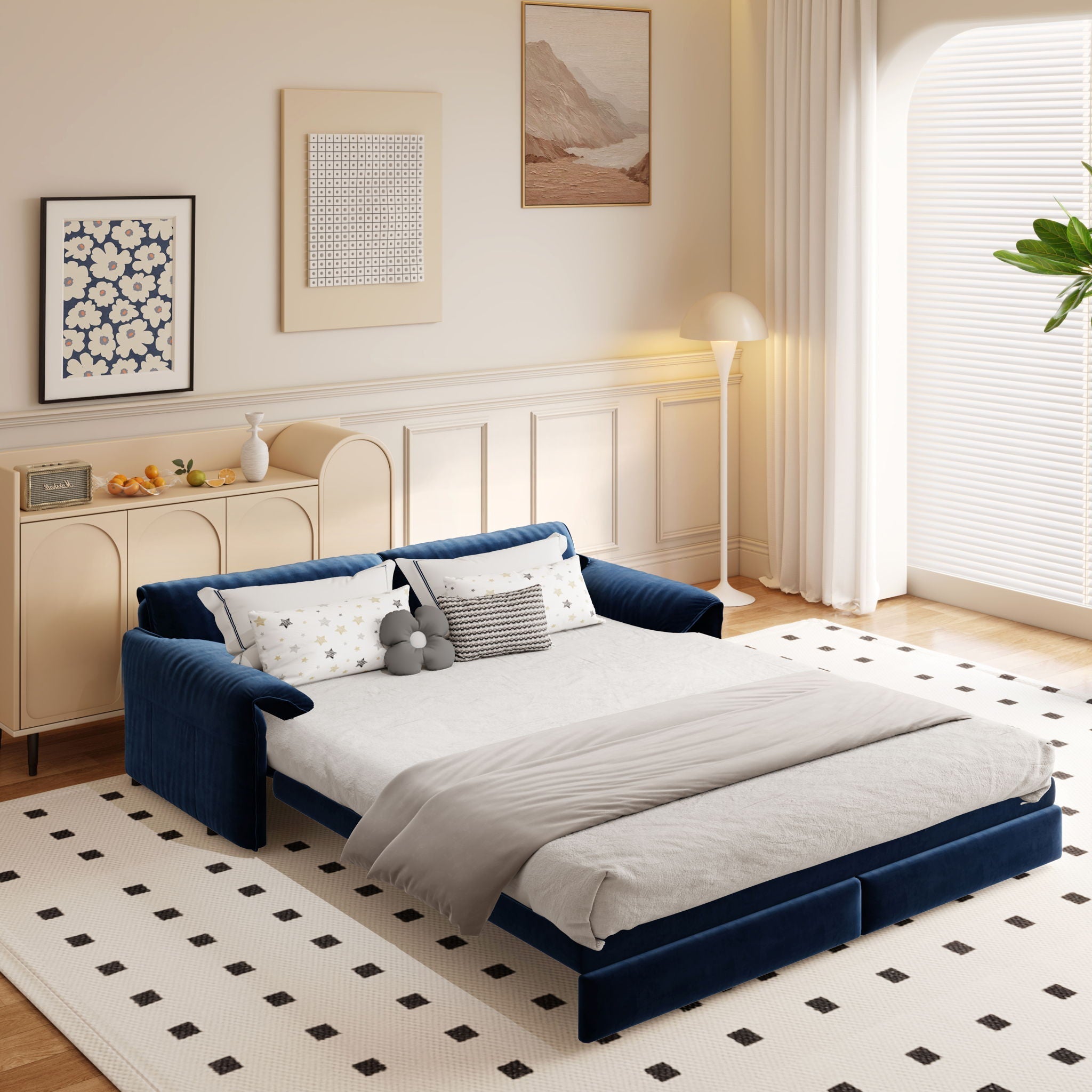 Queen Pull Out Sofa Bed, 3-in-1 Convertible Sleeper Sofa with Side Storage