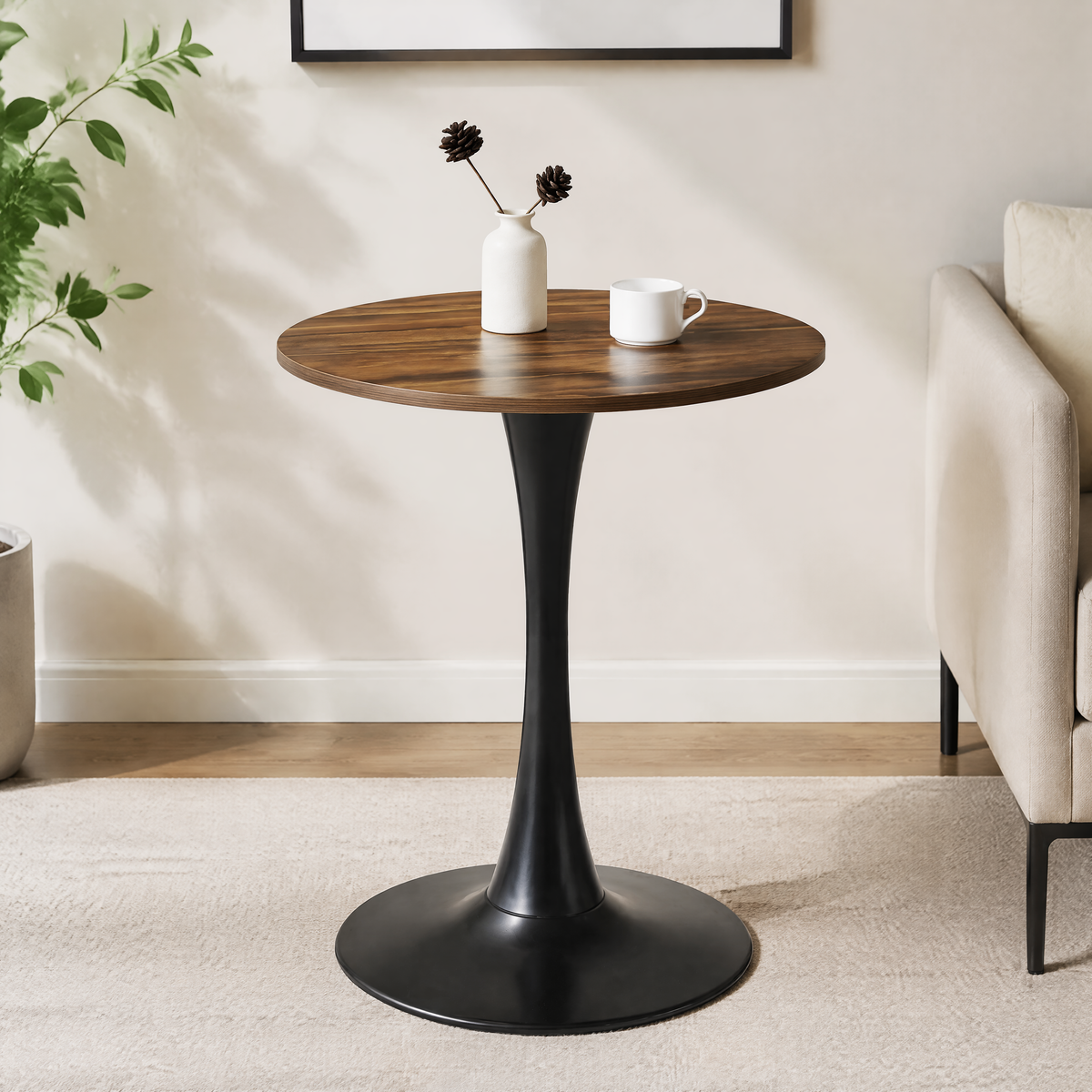 Dark Wood Grain Round Dining Table, 24-Inch, MDF and Metal Base