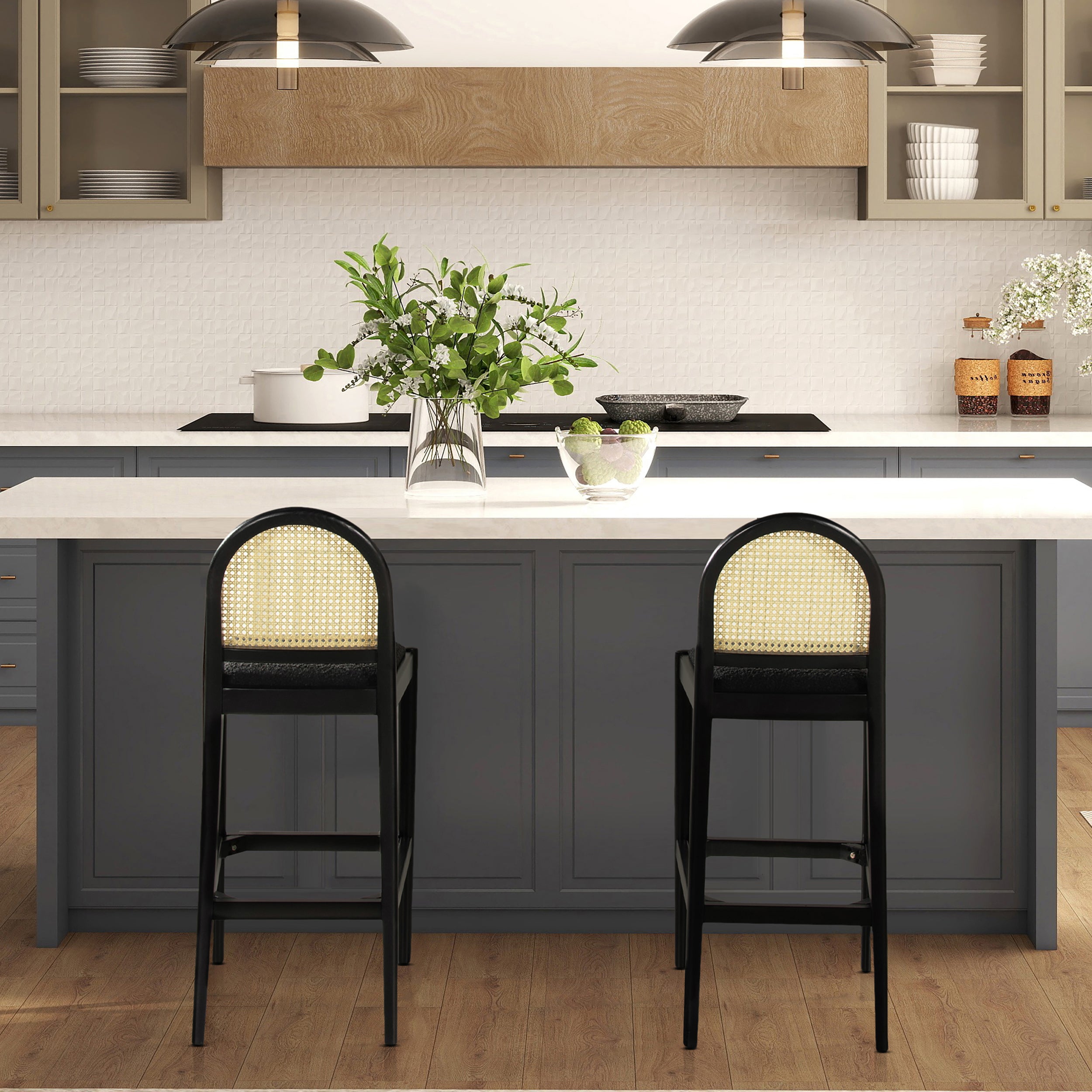 Panama 30.5" Curved Back Cane Rattan Bar Stool, Set of 2, Ebony