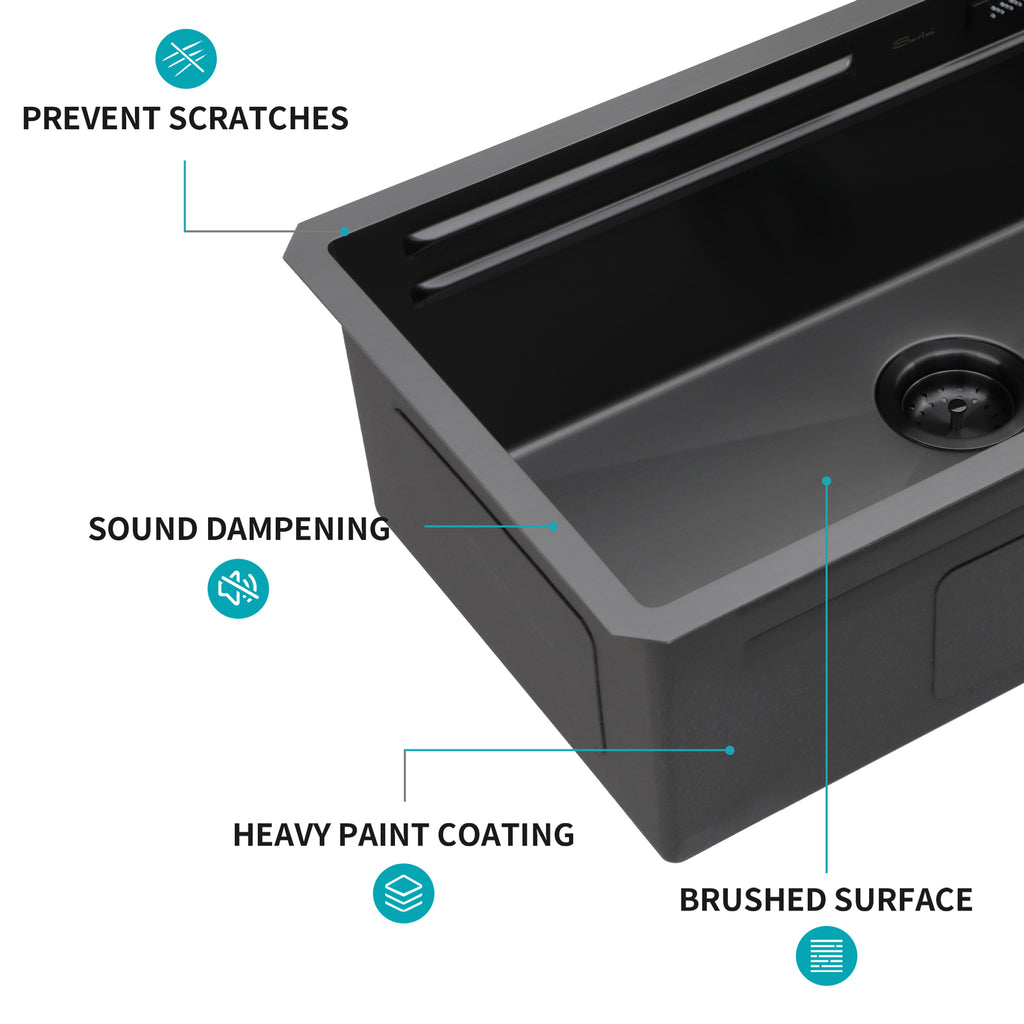 33" Undermount Waterfall Gunmetal Kitchen Sink