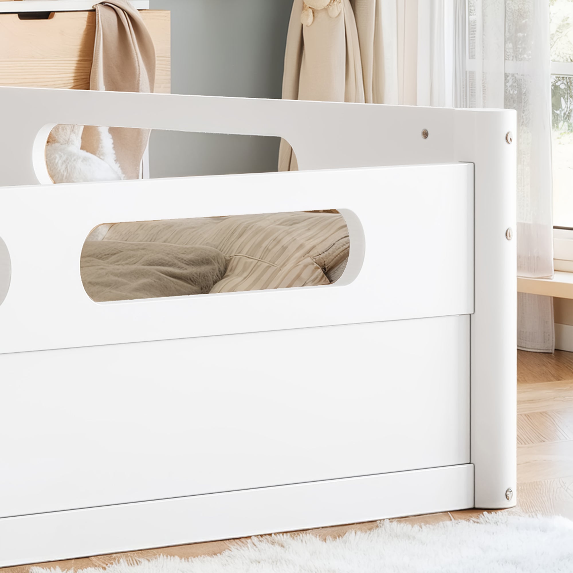 Queen Size Floor Platform Bed with Full-length Guardrails