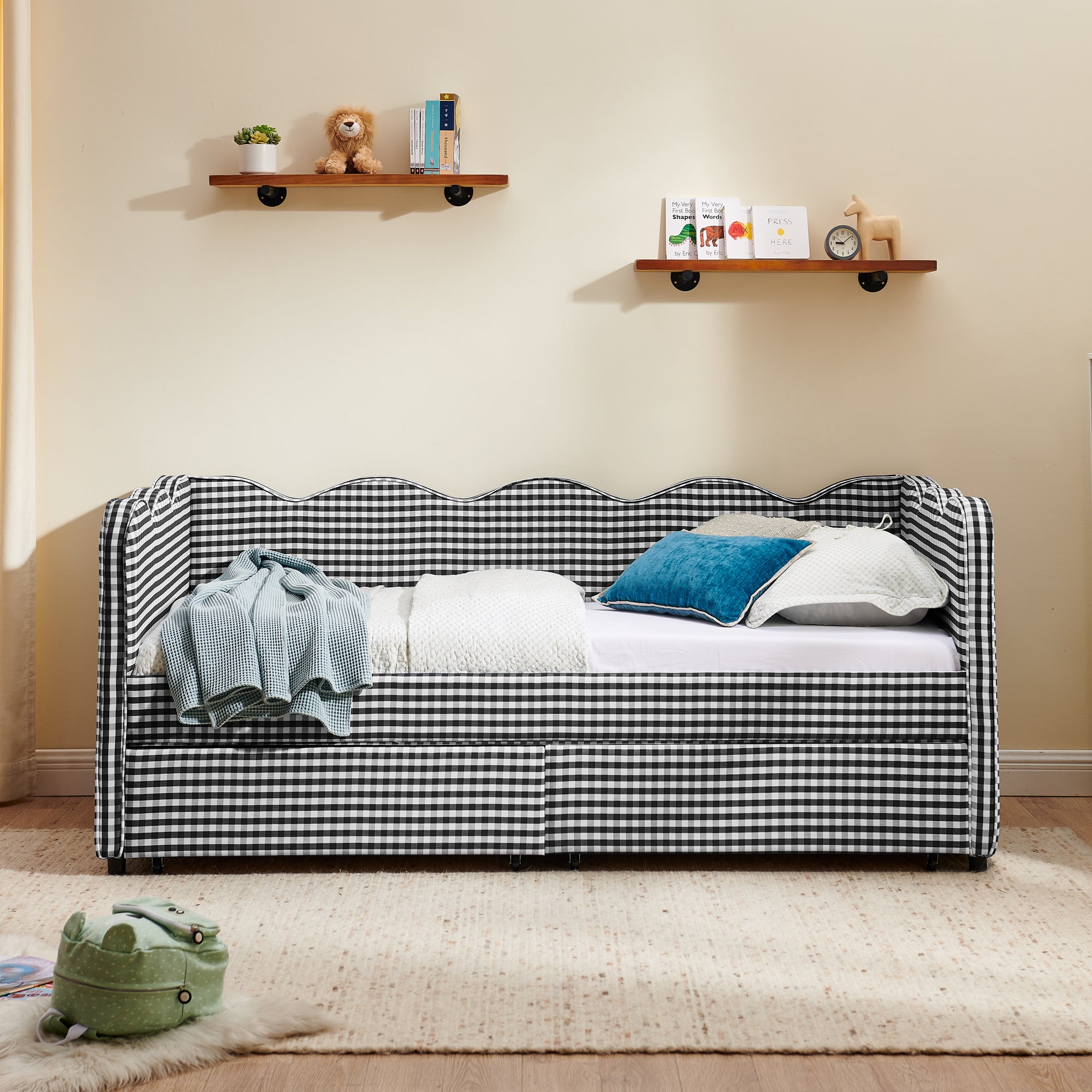 Twin Size Cozy Gingham Daybed with Two Storage Drawers