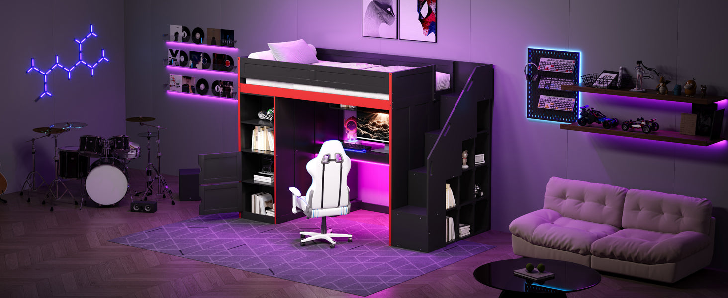Gaming Loft Bed with Desk and Storage, LED Lights, Twin