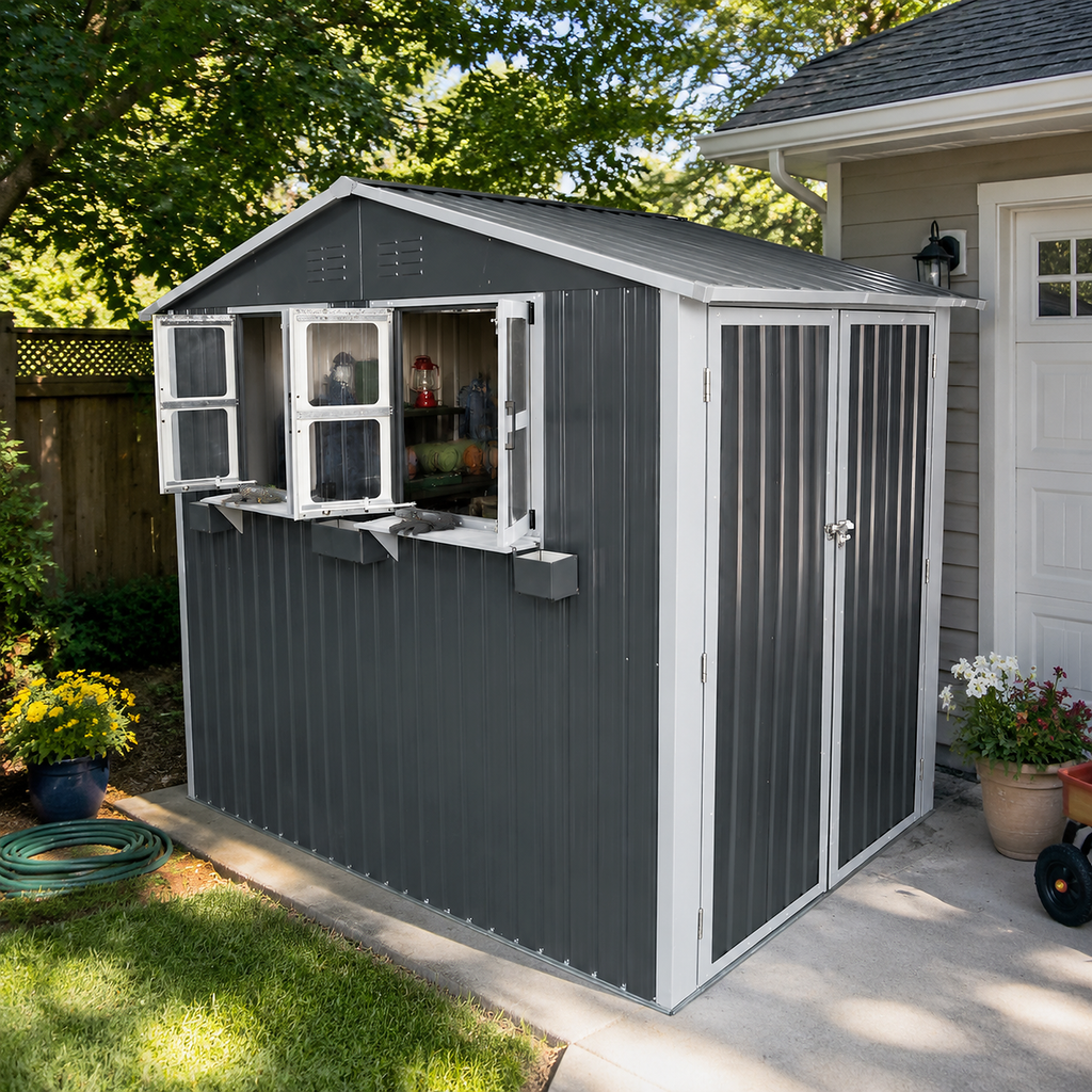 9x6 FT Outdoor Metal Storage Shed with Window & Flower Rack