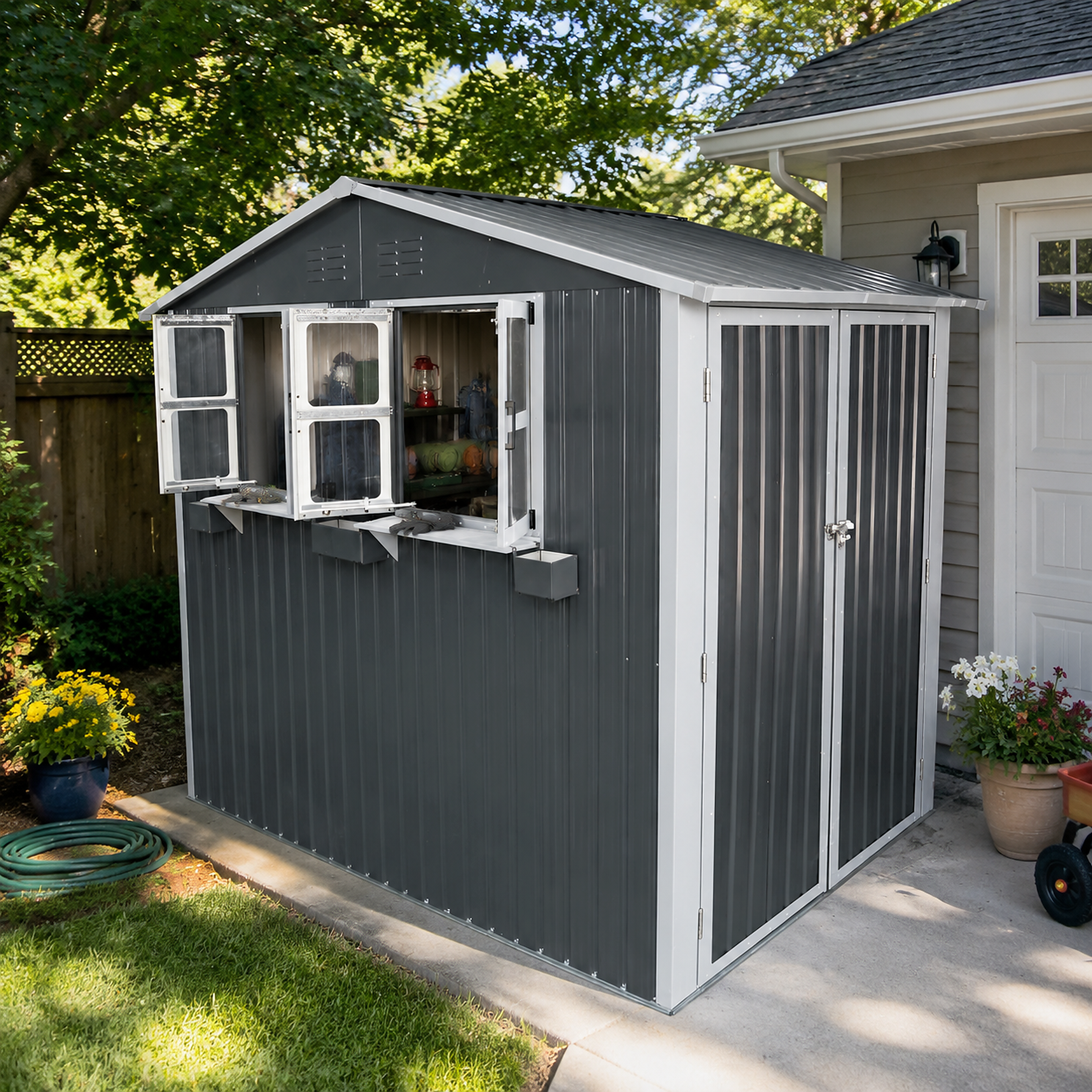 9x6 FT Outdoor Metal Storage Shed with Window & Flower Rack