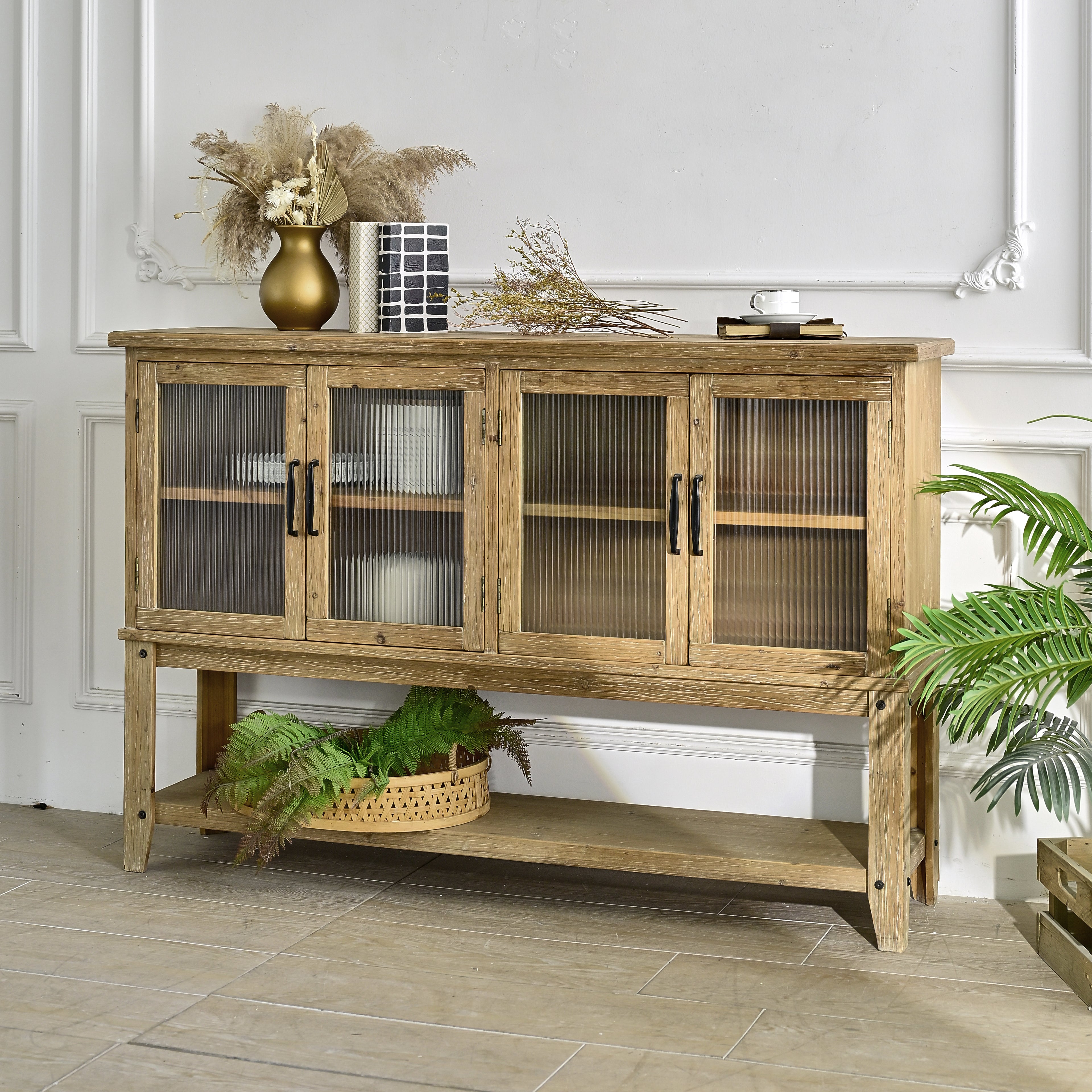 59.06" Rectangle Accent Glass Door Wooden Sideboard Cabinet
