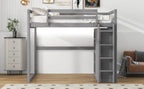 Wood Full Size Loft Bed With Built-in Wardrobe and Storage Shelves