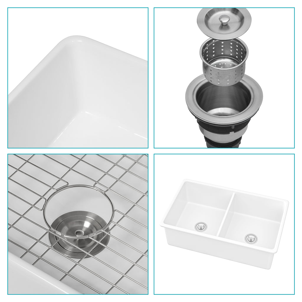 32"x19"x10" Undermount Double Bowl Fireclay Kitchen Sink