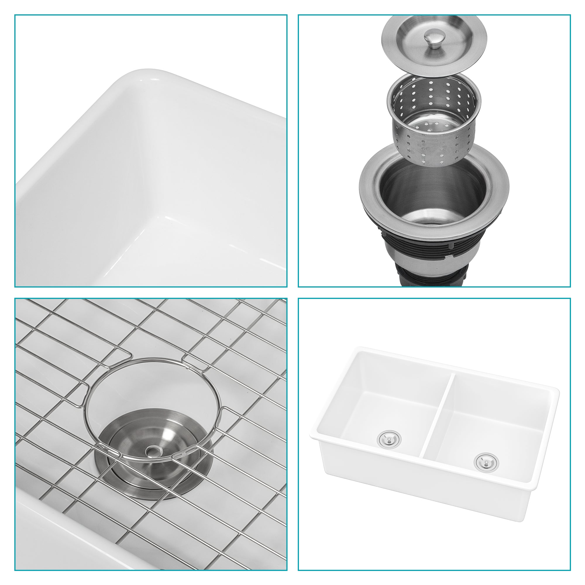 32"x19"x10" Undermount Double Bowl Fireclay Kitchen Sink