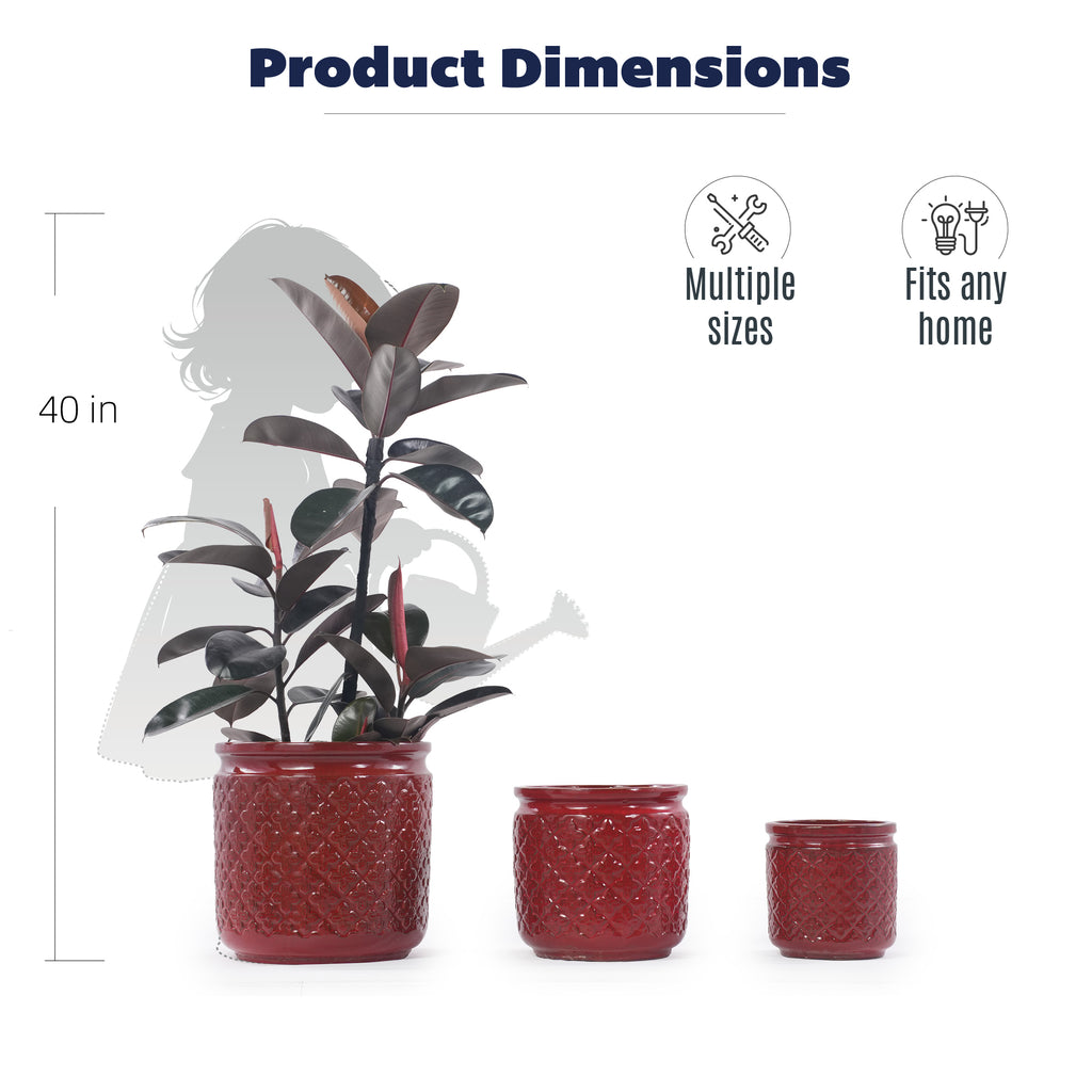 Handmade Ceramic Planter Set of 3 in Burgundy Diamond-Pattern