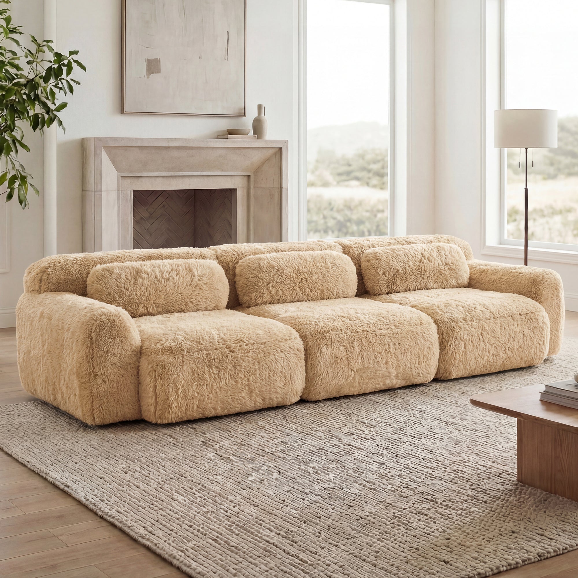 114" Soft And Fluffy Plush Fabric Modular Sectional Sofa