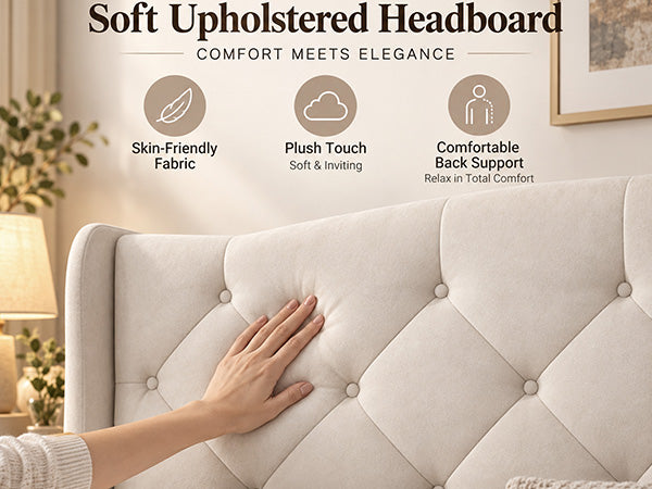 King Size Upholstered Platform Bed Frame with Velvet Tufted Headboard
