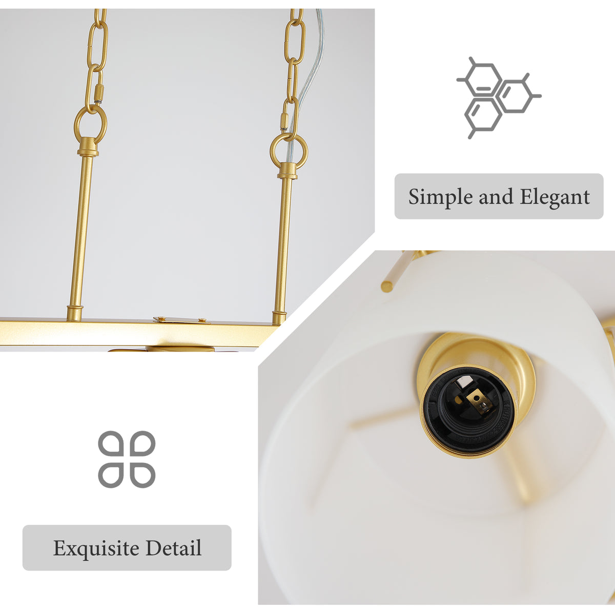 Modern Gold 3-Light Linear Chandelier with Frosted Glass Shades