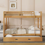 Wood Queen Size Bunk Bed with Ladder and Trundle, Wood Color