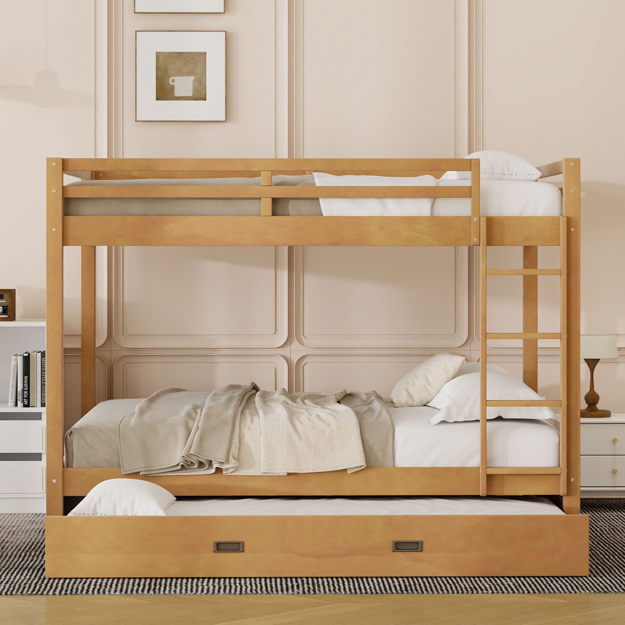 Wood Queen Size Bunk Bed with Ladder and Trundle, Wood Color