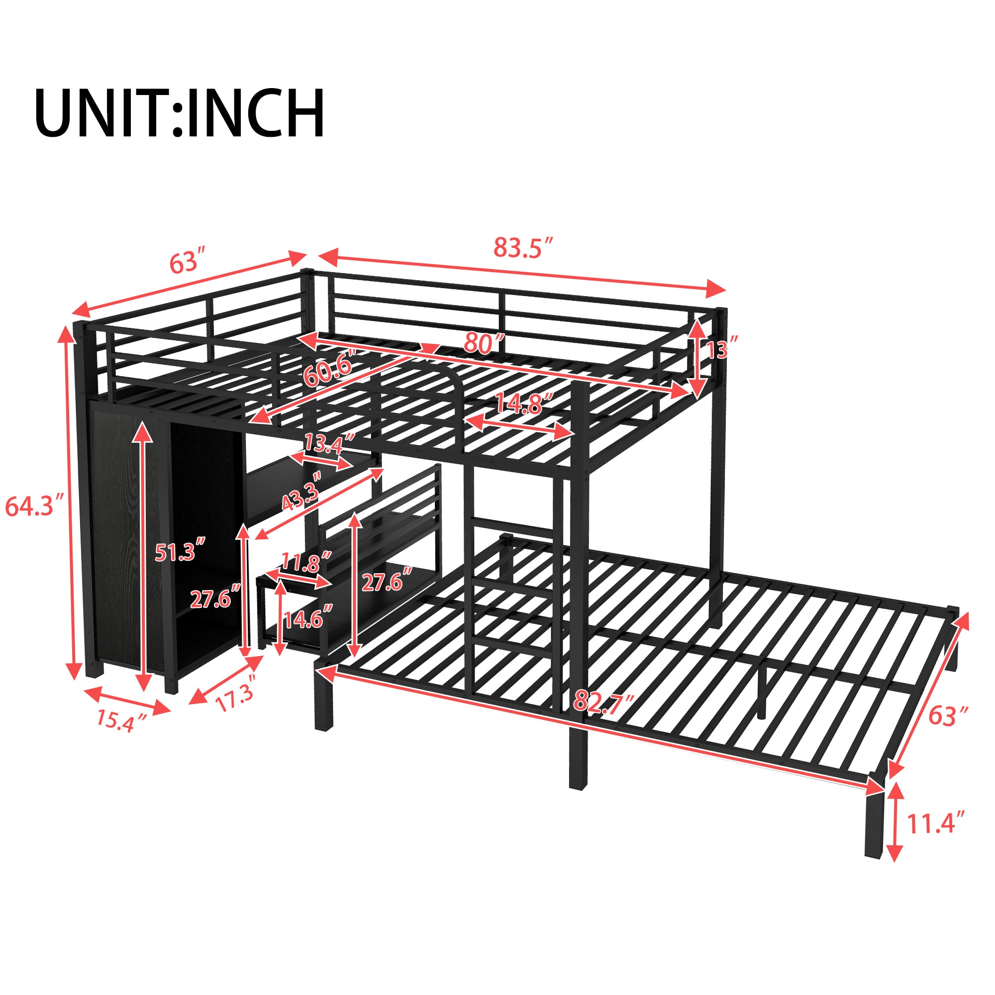 Queen Over Queen Size Bunk Bed Frame with Built-in Wardrobe
