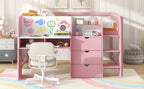Full Size Low Loft Bed with Built-in Desk, Storage Cabinets and Open Bookcase