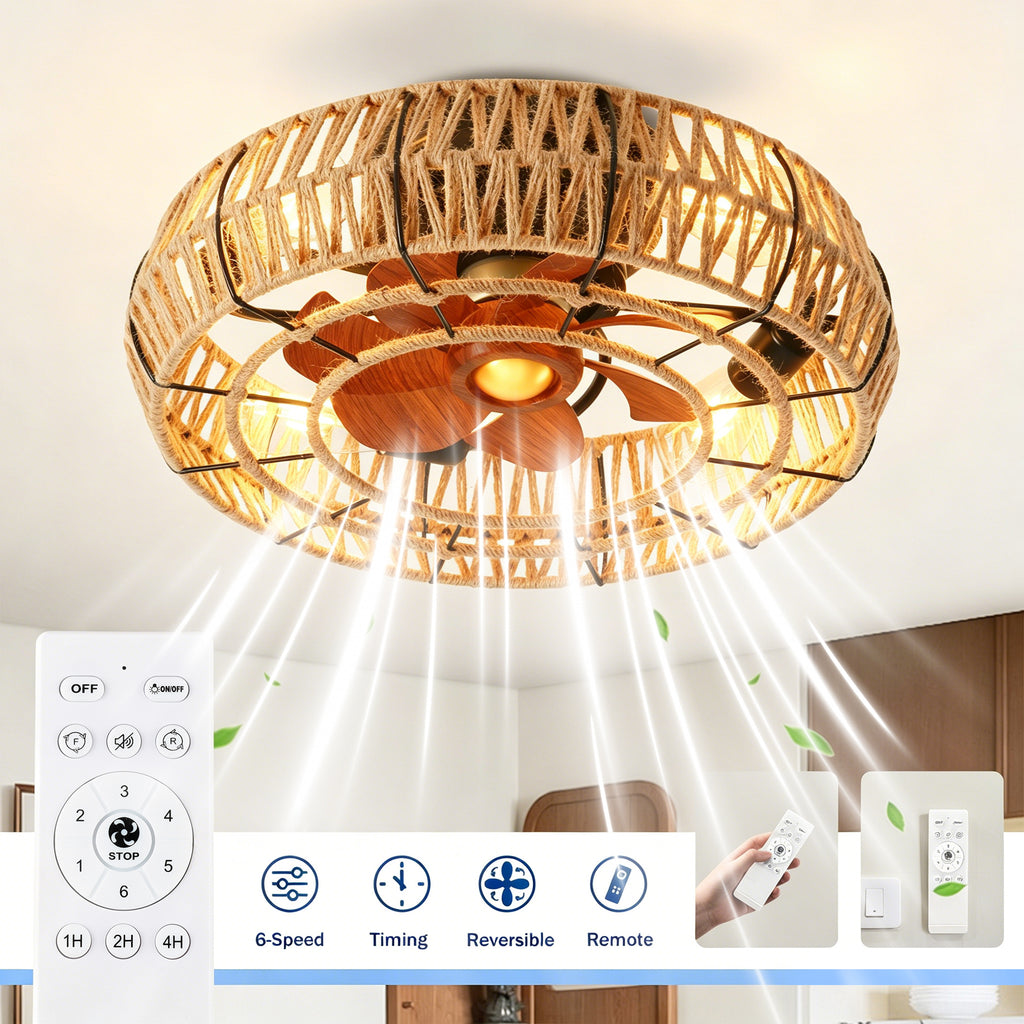 20" Rope Caged Flush Mount Ceiling Fan with Light Kit