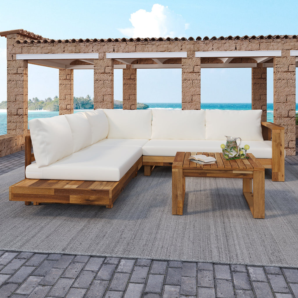 Outdoor 4pc Acacia Wood Sectional Patio Sofa Set