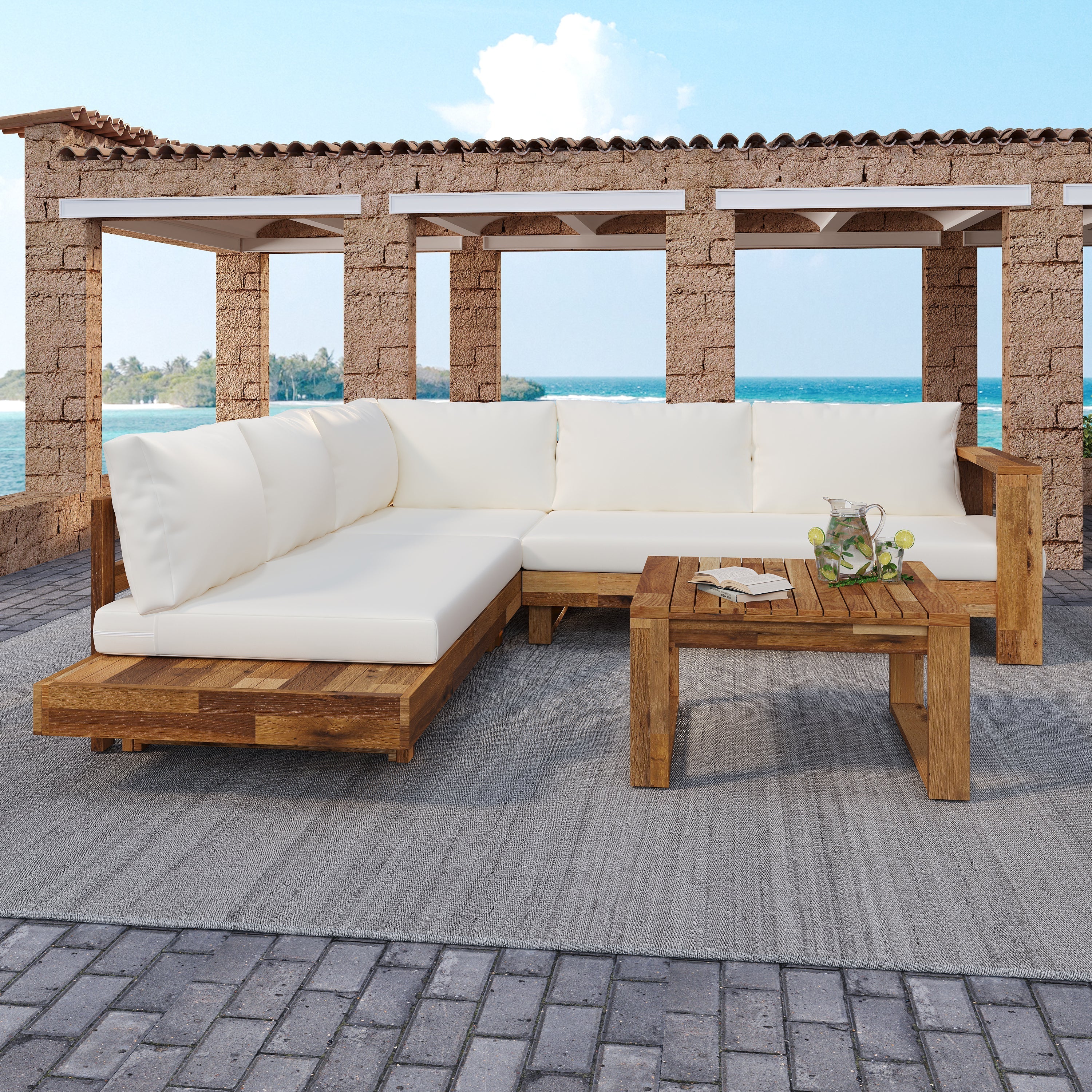 Outdoor 4pc Acacia Wood Sectional Patio Sofa Set