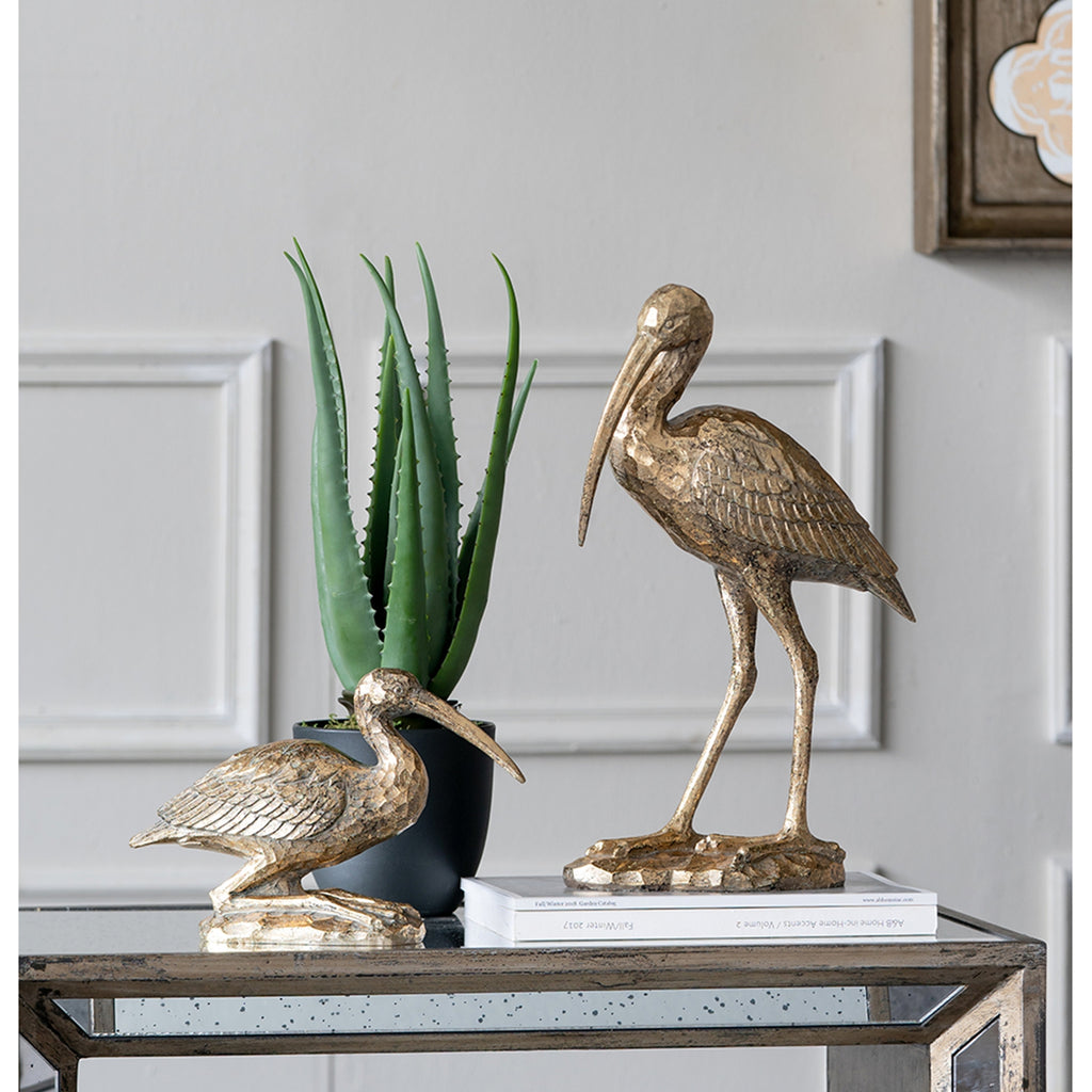 Kneeling Crane Figurine, 7.1 x 10.4 inches, Antique Gold Resin