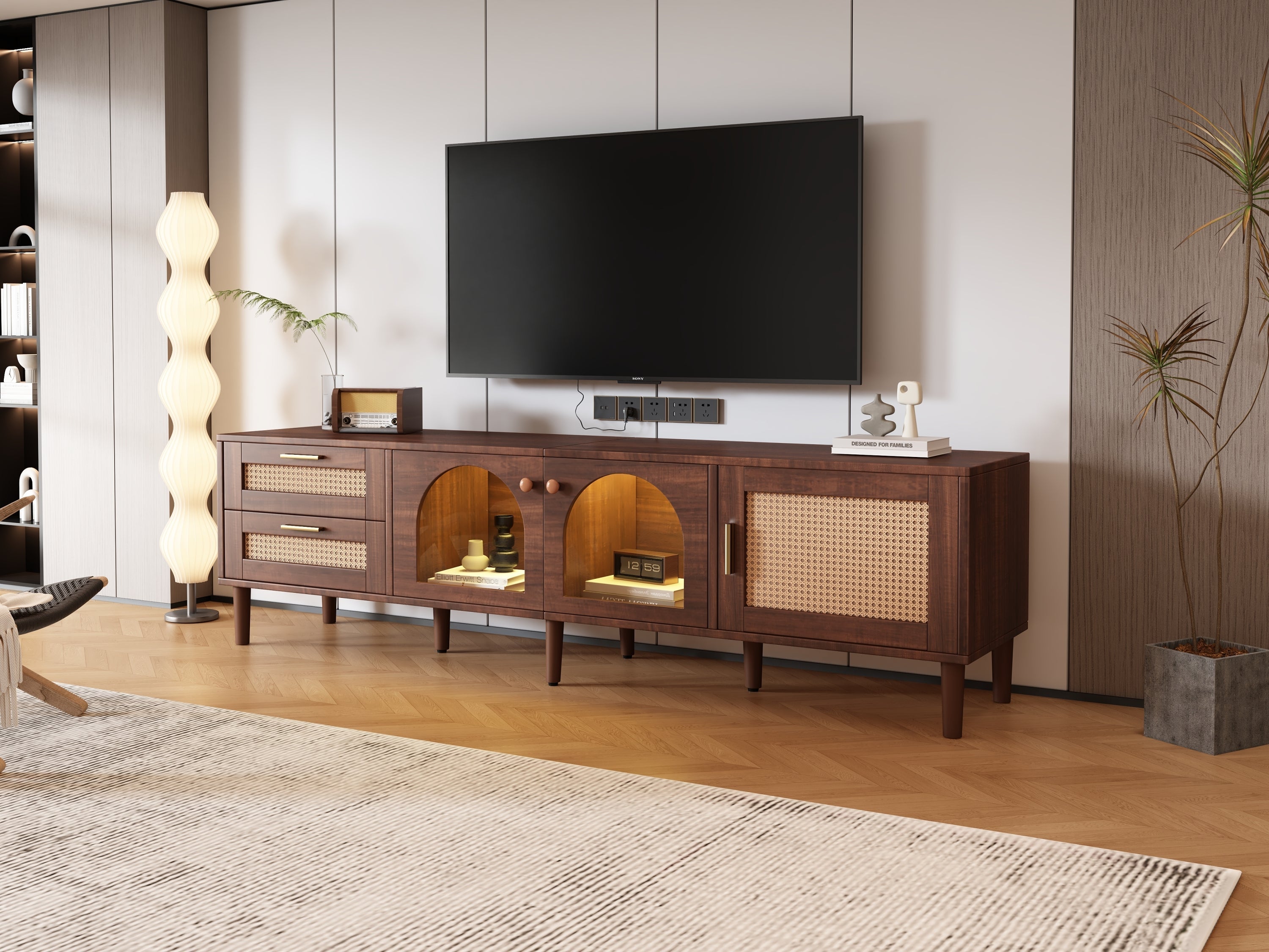 Rattan TV Stand with 3 Cabinets and 2 Drawers