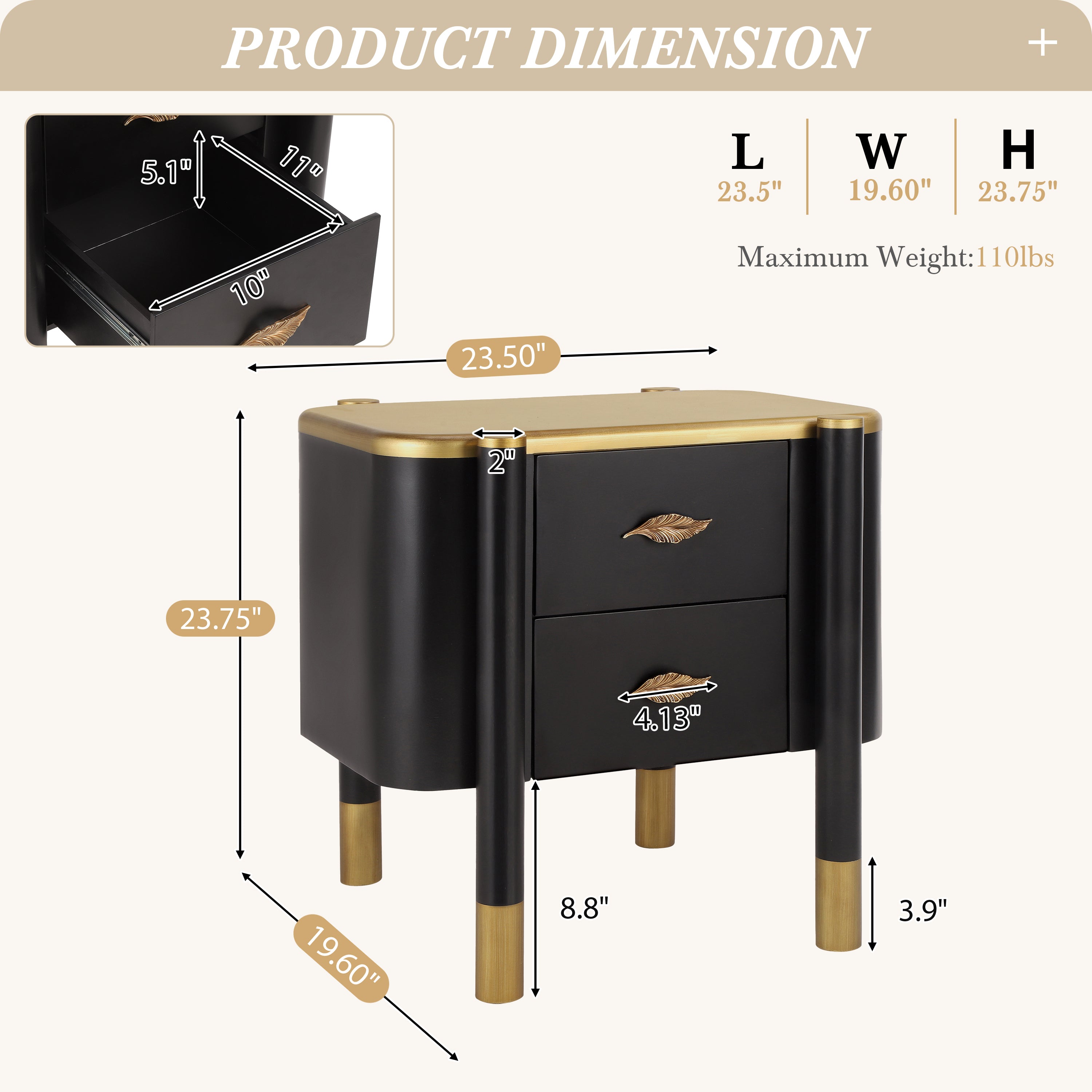 Contemporary 2 Drawers Nightstand