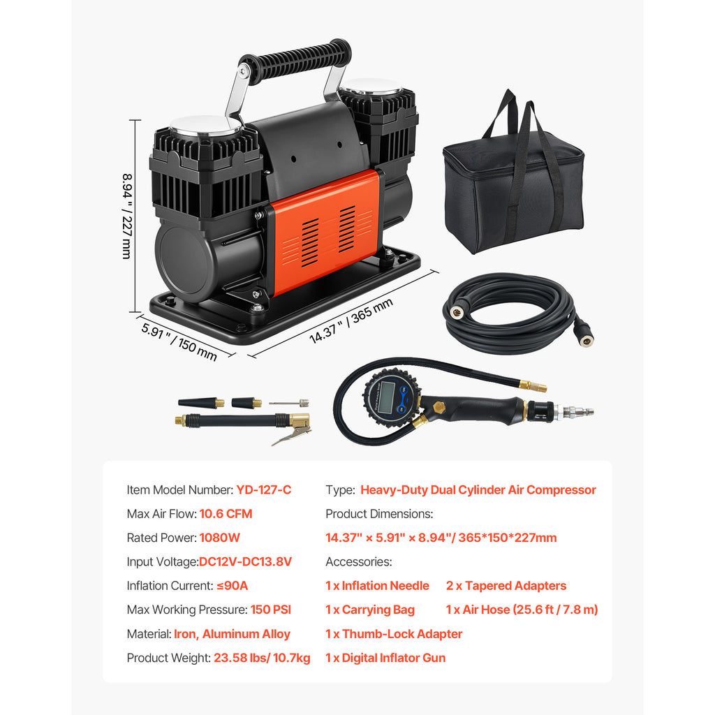 Dual-Cylinder Heavy Duty Air Compressor, 10.6CFM