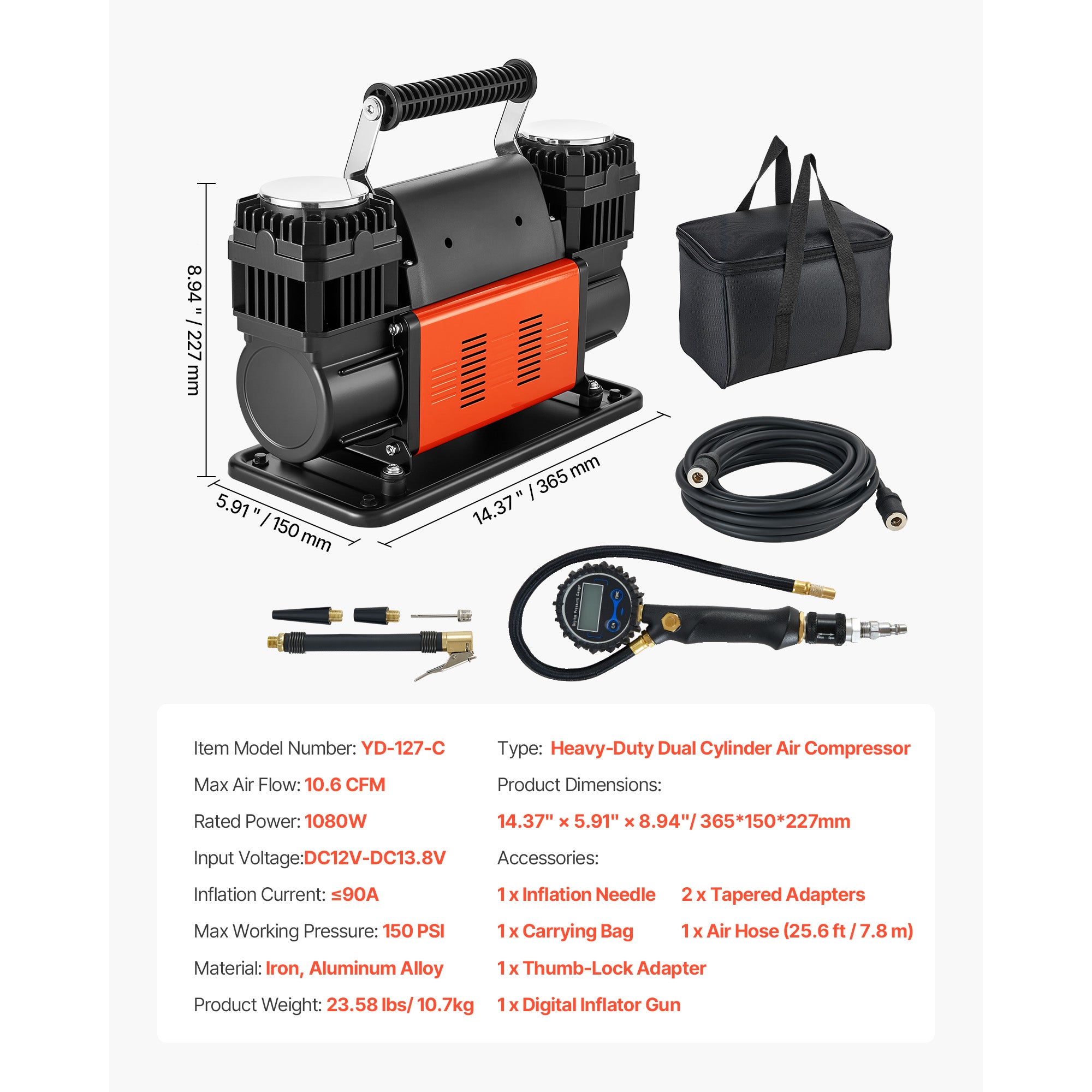 Dual-Cylinder Heavy Duty Air Compressor, 10.6CFM
