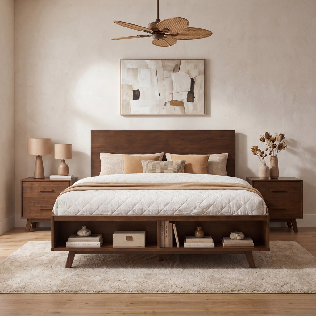 Walnut Queen Size Platform Bed Frame with Footboard Storage
