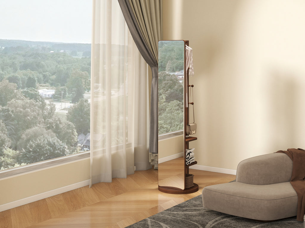 360° Rotating Multifunctional Full Length Mirror with Storage Rack