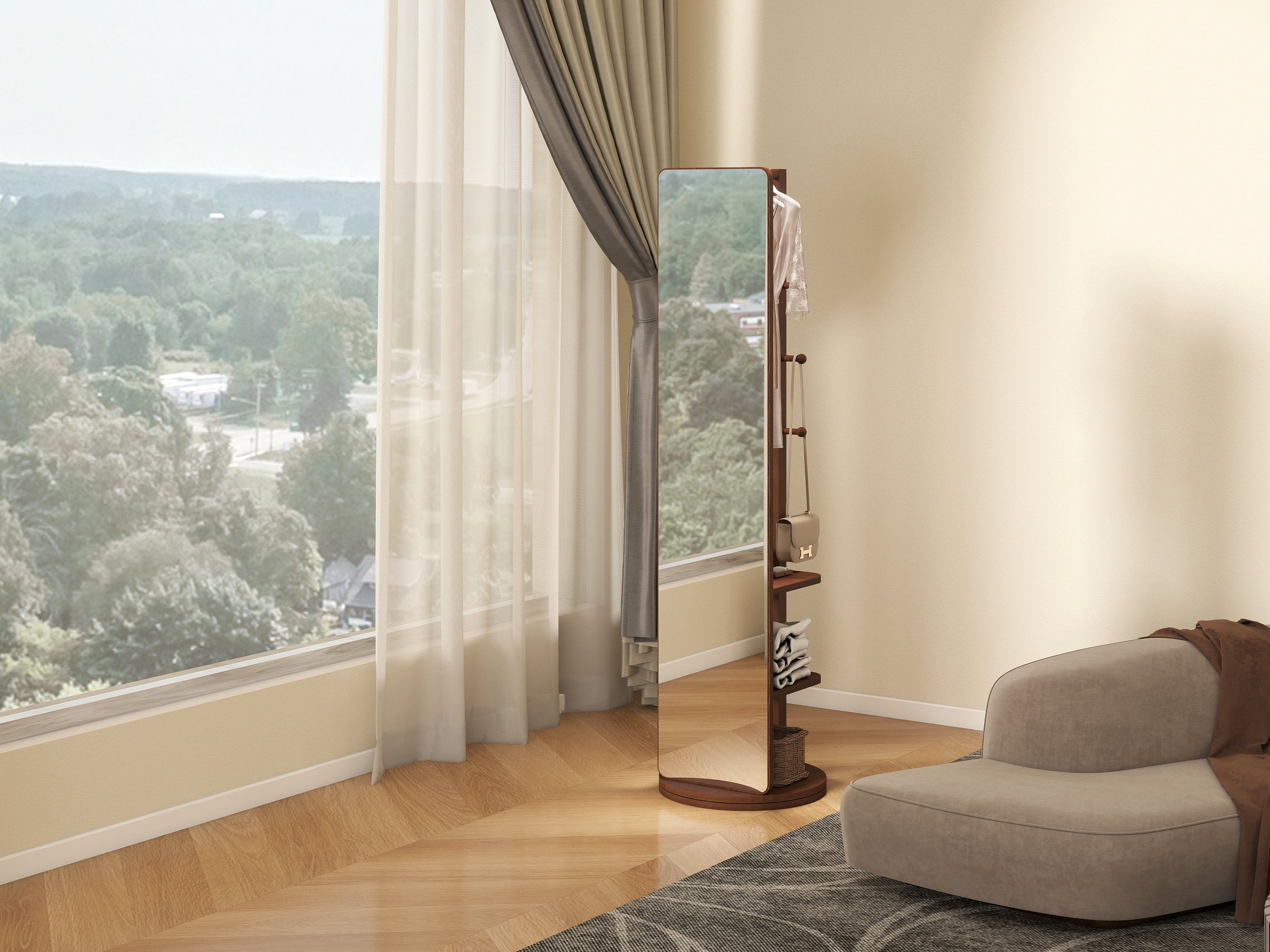 360° Rotating Multifunctional Full Length Mirror with Storage Rack