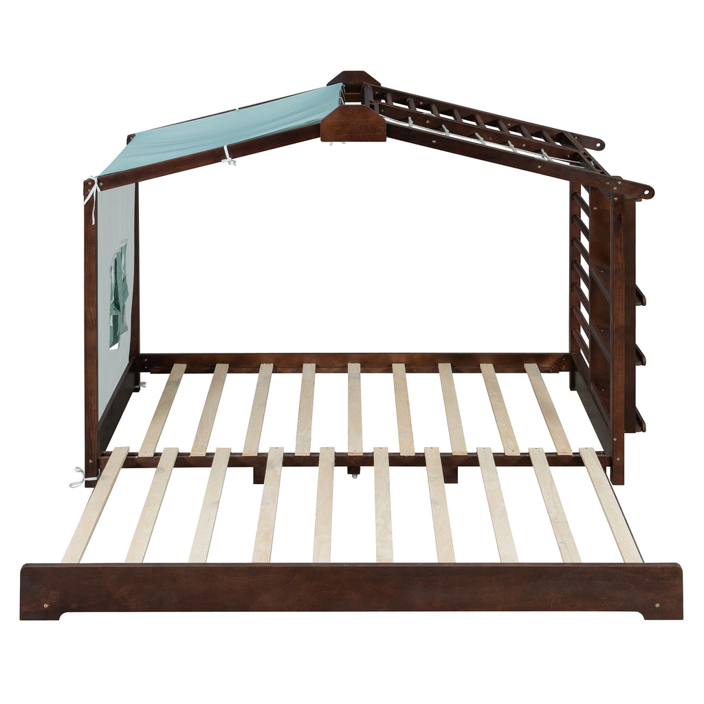 Twin Size House Bed with Twin Size Trundle and Side Shelves