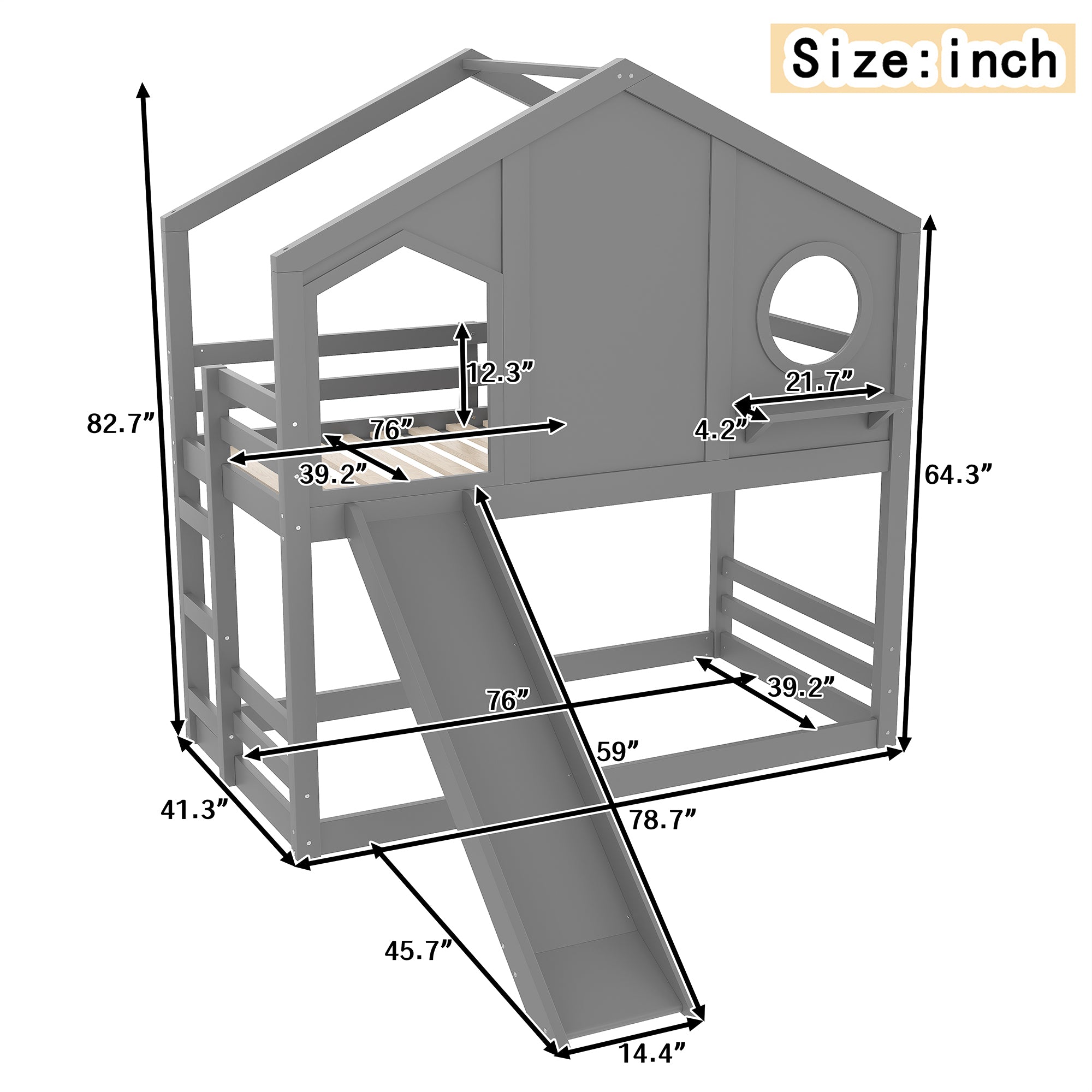 Twin House Bunk Bed with Slide and Storage Shelves