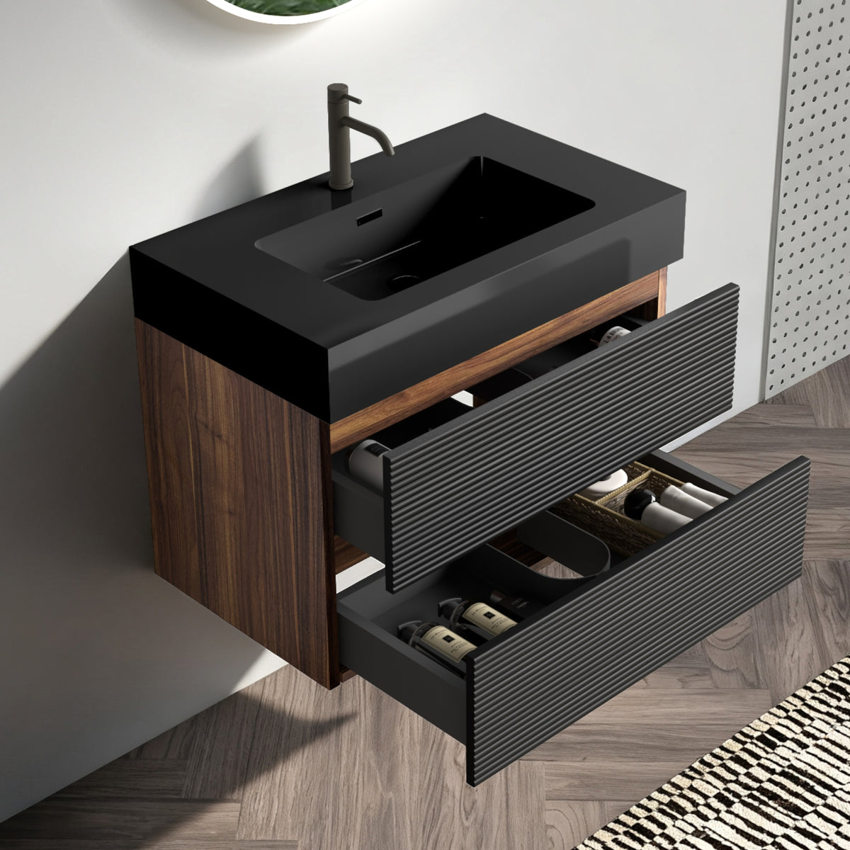 Grace 30-Inch Wall-Mounted Bathroom Vanity, Black and Walnut with Solid Surface Sink