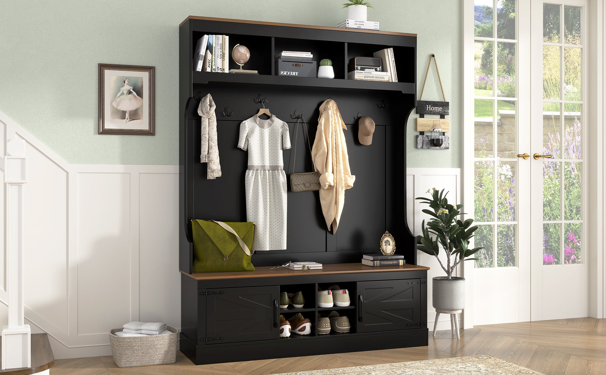 Vibe Haus 71"H Farmhouse Hall Tree with Bench and Shoe Storage