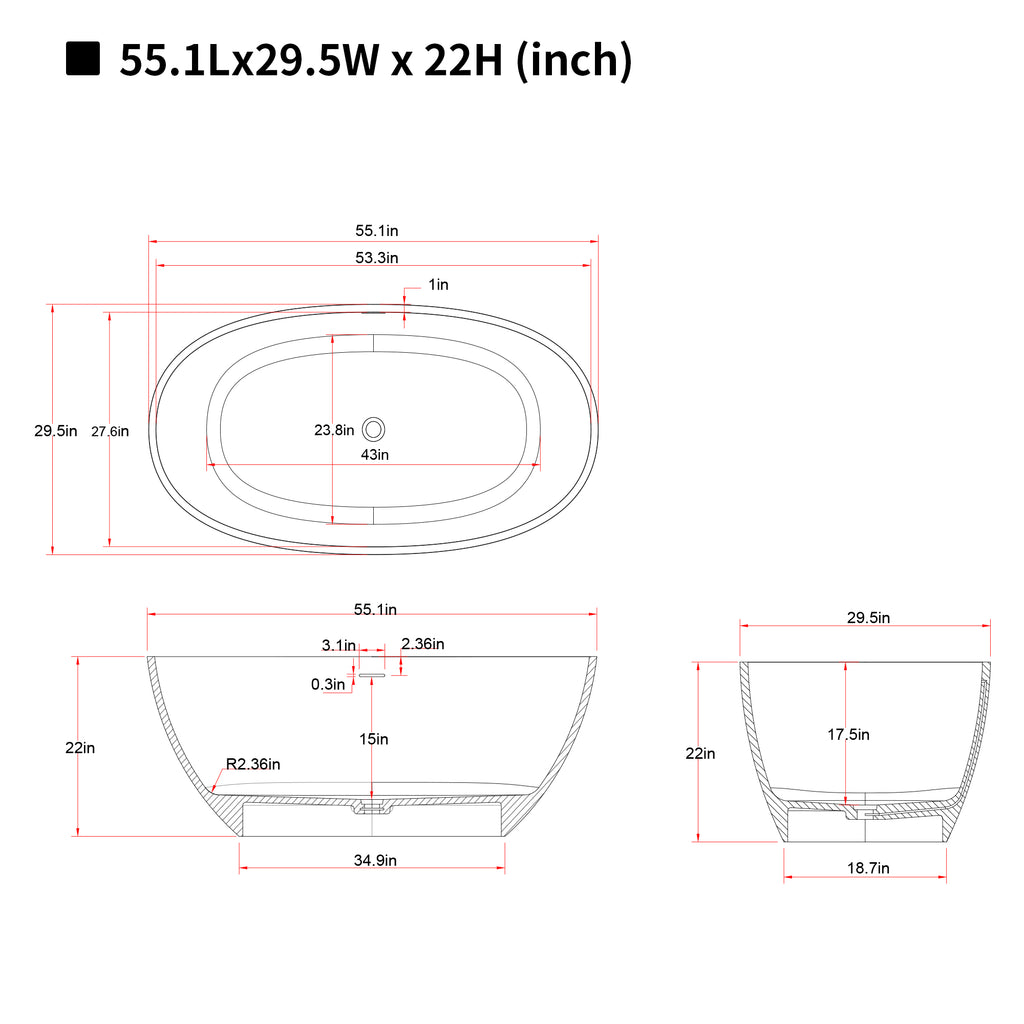 55'' Freestanding Bathtub in Resin Stone
