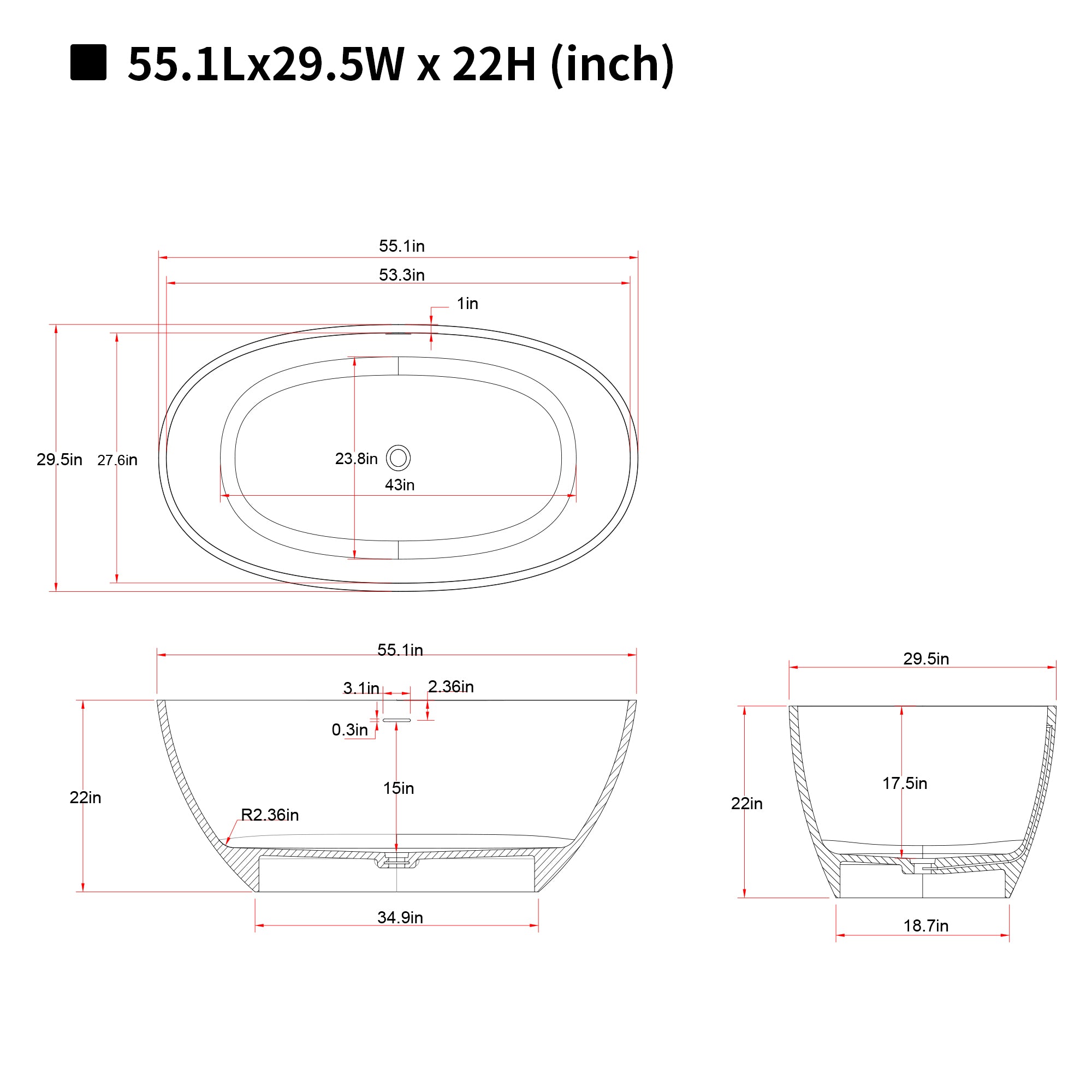 55'' Freestanding Bathtub in Resin Stone