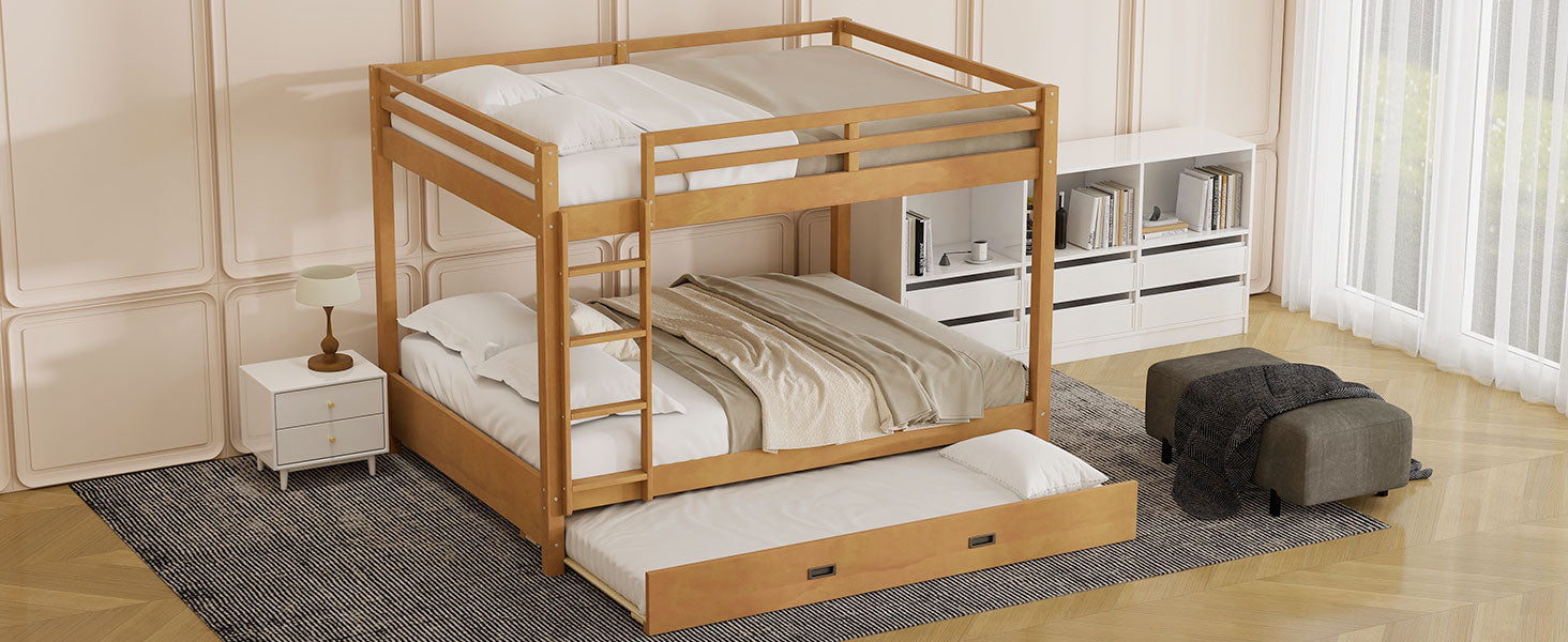 Wood Queen Size Bunk Bed with Ladder and Trundle, Wood Color