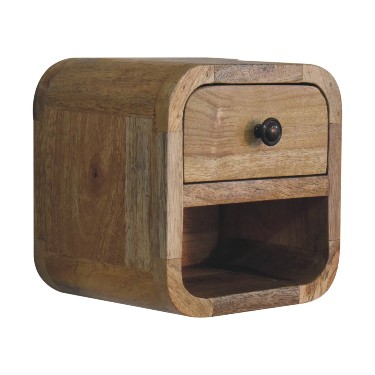Extra Mini Curved Oak-ish Bedside with Open Slot, 1-Drawer