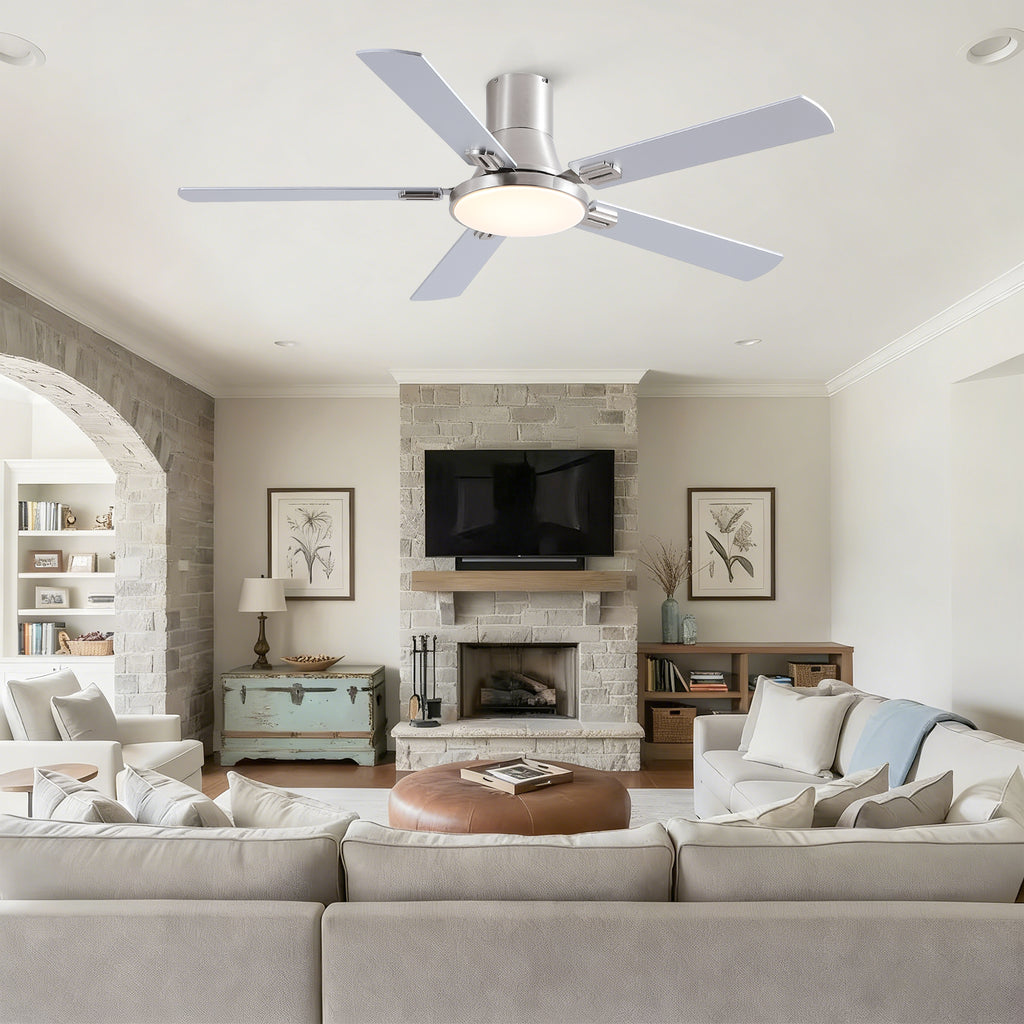52 Inch Modern Brushed Nickel Flush Mount Ceiling Fan with Light and Remote Control