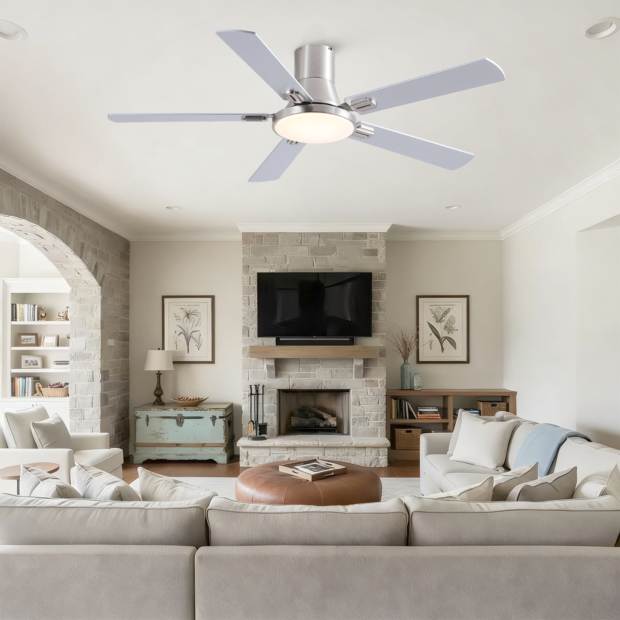 52 Inch Modern Brushed Nickel Flush Mount Ceiling Fan with Light and Remote Control