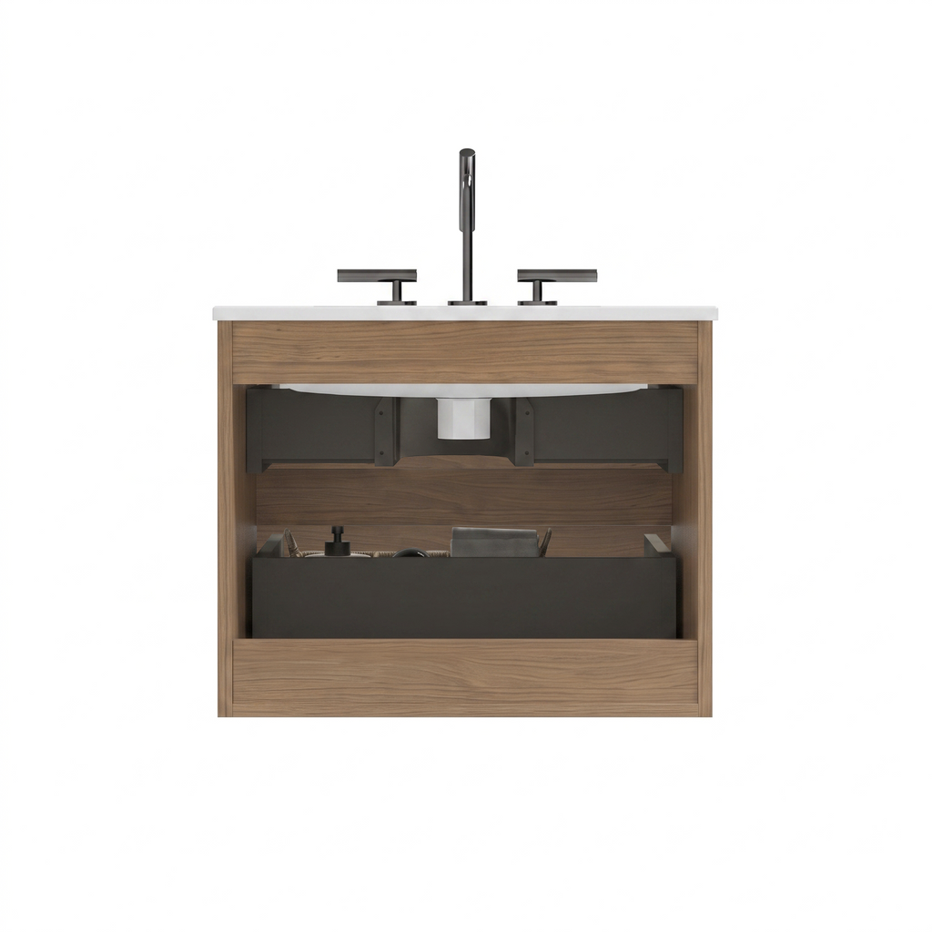 TIA Wall Mount 24" Bathroom Vanity, Walnut Brown, Ceramic Sink