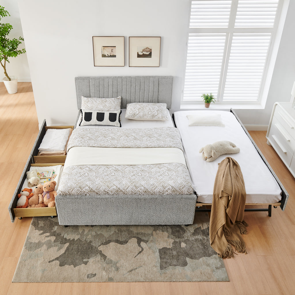 Queen Vertical Channel Tufted Upholstered Bed, Grey Chenille, Storage Drawers & Pull-Out Trundle