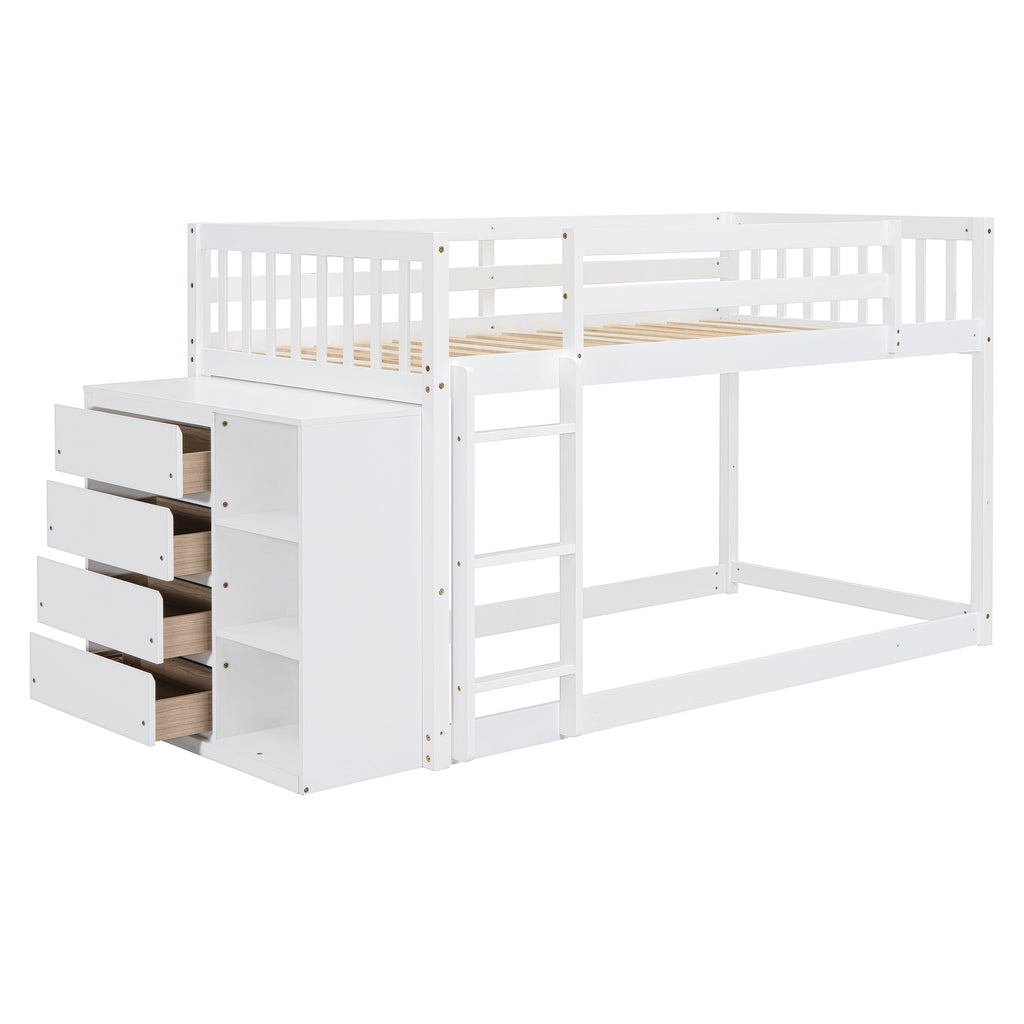 Twin Over Twin Bunk Bed with 4 Drawers and 3 Shelves - White