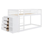 Twin Over Twin Bunk Bed with 4 Drawers and 3 Shelves - White