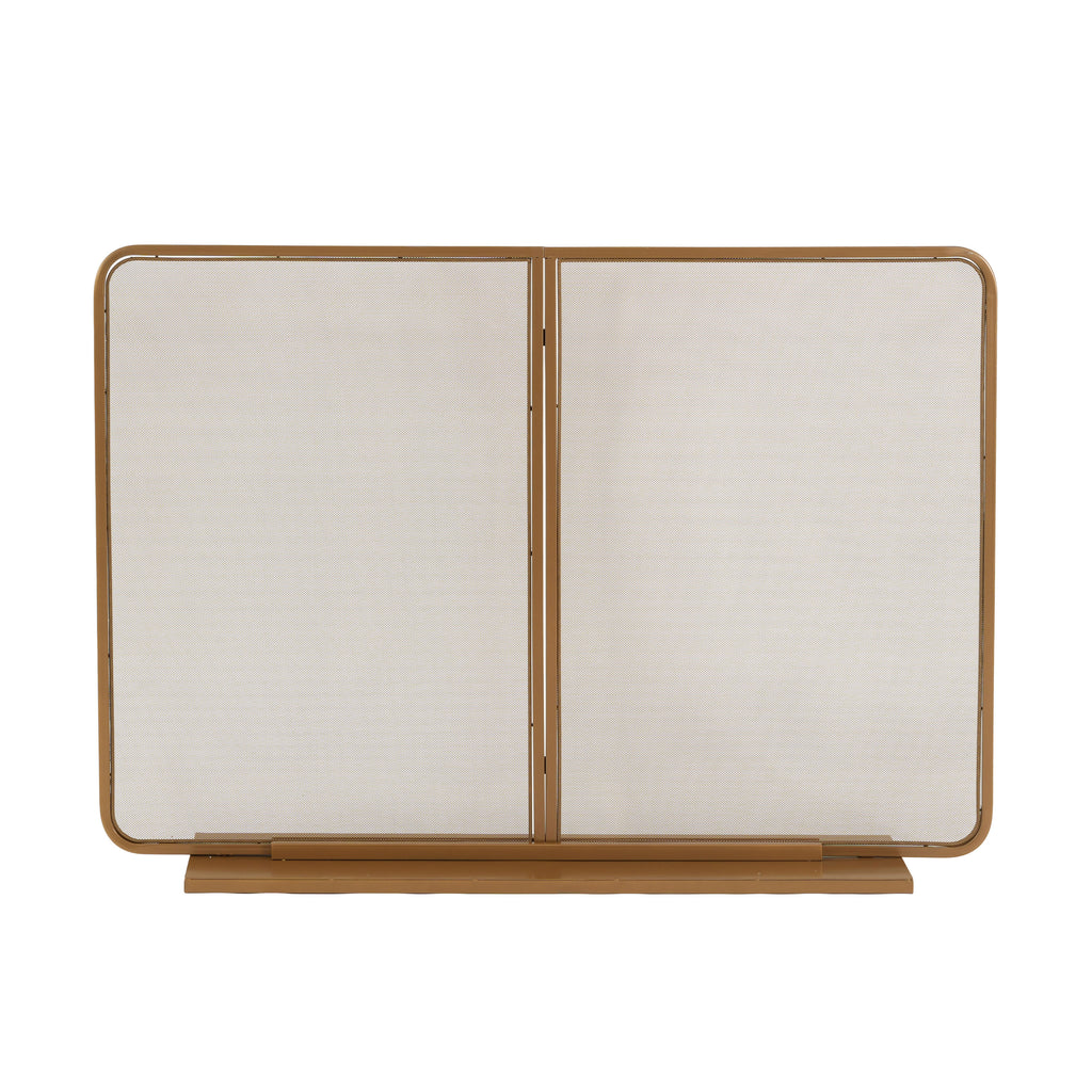 Gold Two‑Panel Freestanding Fireplace Screen, 50" W × 35" H Iron Mesh Fire Spark Barrier for Home Indoor Fireplace