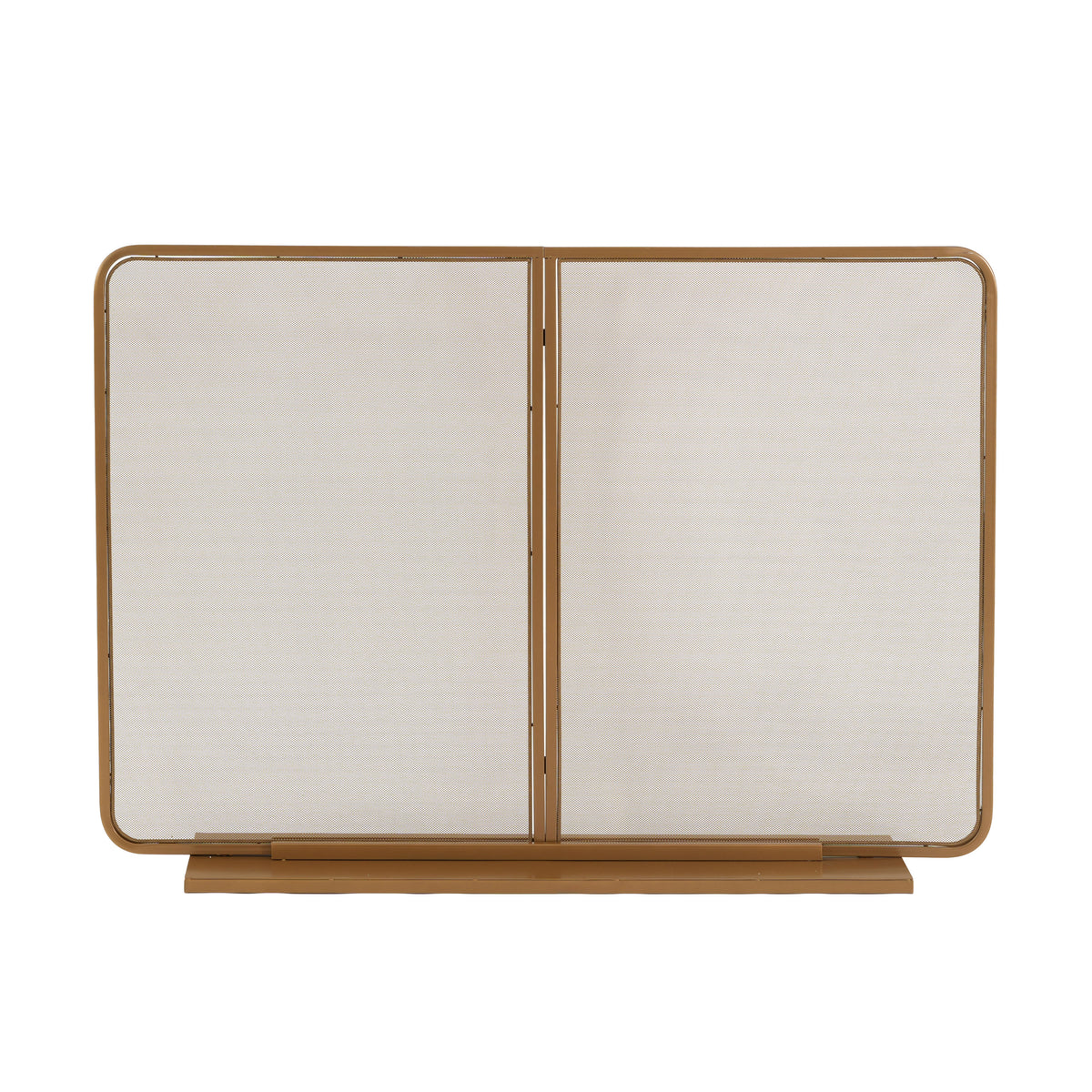 Gold Two‑Panel Freestanding Fireplace Screen, 50" W × 35" H Iron Mesh Fire Spark Barrier for Home Indoor Fireplace