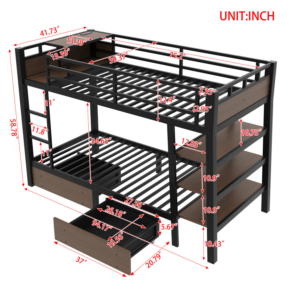 Twin Size Metal Bunk Bed with Storage Shelves and USB Power